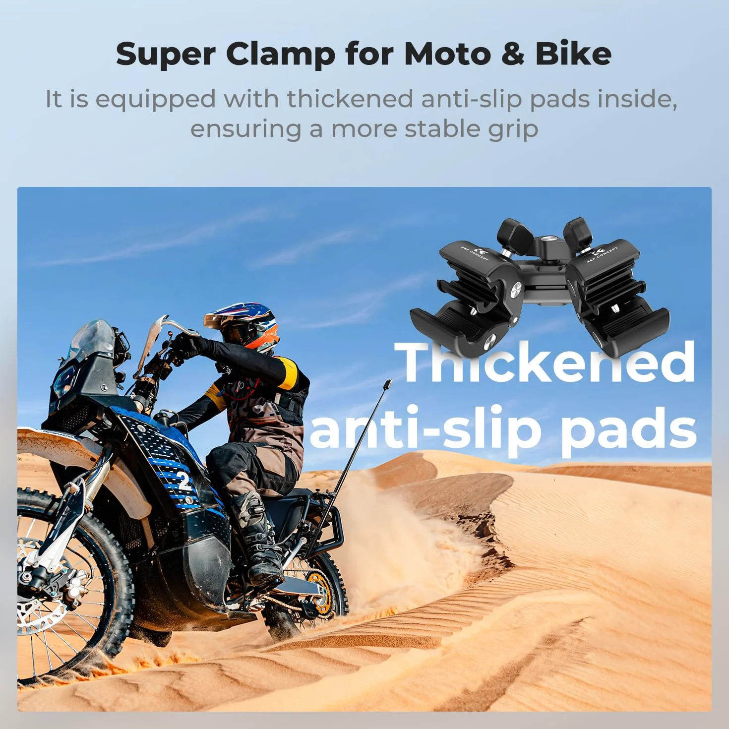 Uchwyt motocyklowy/rowerowy K&F CONCEPT z dwoma głowicami, z dwoma zaciskami Super Clamps, regulowanym ramieniem Magic Arm 360° z adapterem do kamery sportowej i adapterem 1/4", pręt przedłużający nie