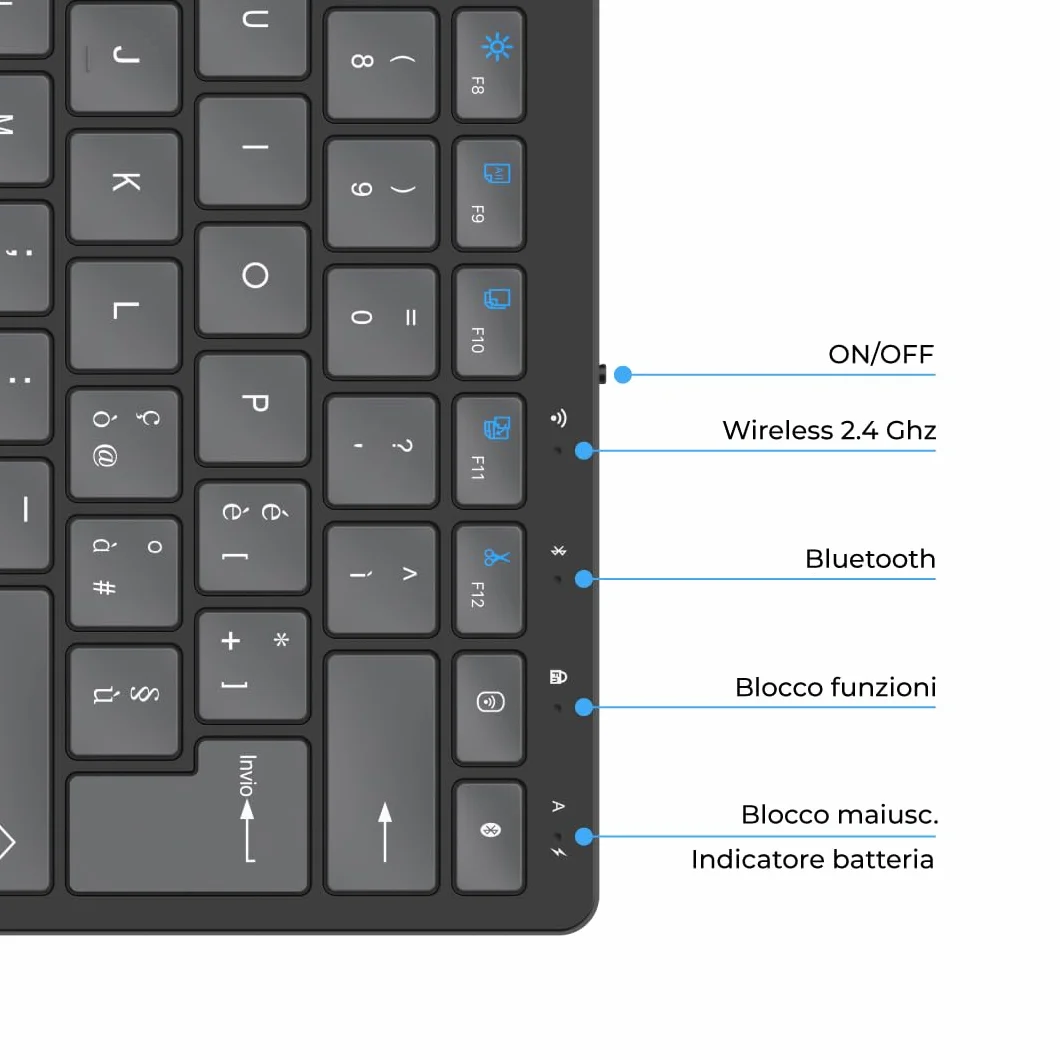 VulTech KEY-601WBT bezprzewodowa klawiatura Bluetooth do wielokrotnego ładowania 80/90 godzin ultradźwiękowy włoski układ. Ciche przyciski, 12 multimediów, kompatybilny z komputerem PC, Mac OS