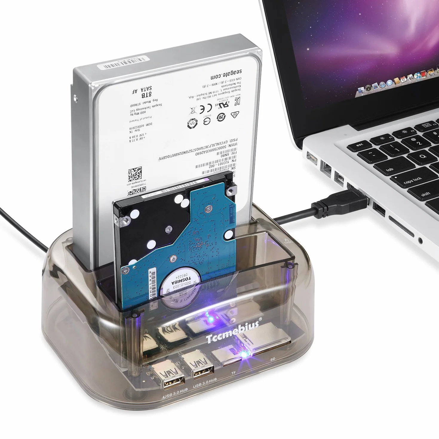 TCC-S865 USB 3.0 do SATA IDE Podwójne Gniazda Zewnętrzna Przezroczysta Stacja Dokująca z Czytnikiem Kart i 2 Portami USB 3.0 Hub Dla 2.5 3.5 Cala IDE SATA I/II/III HDD SSD