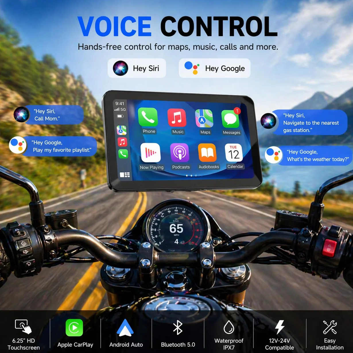 Spedal CL871 6,25" ekran motocyklowy CarPlay i Android, wodoszczelny, nawigacja GPS do motocykla, Bluetooth, Siri/G00gle Assistant (CL871)