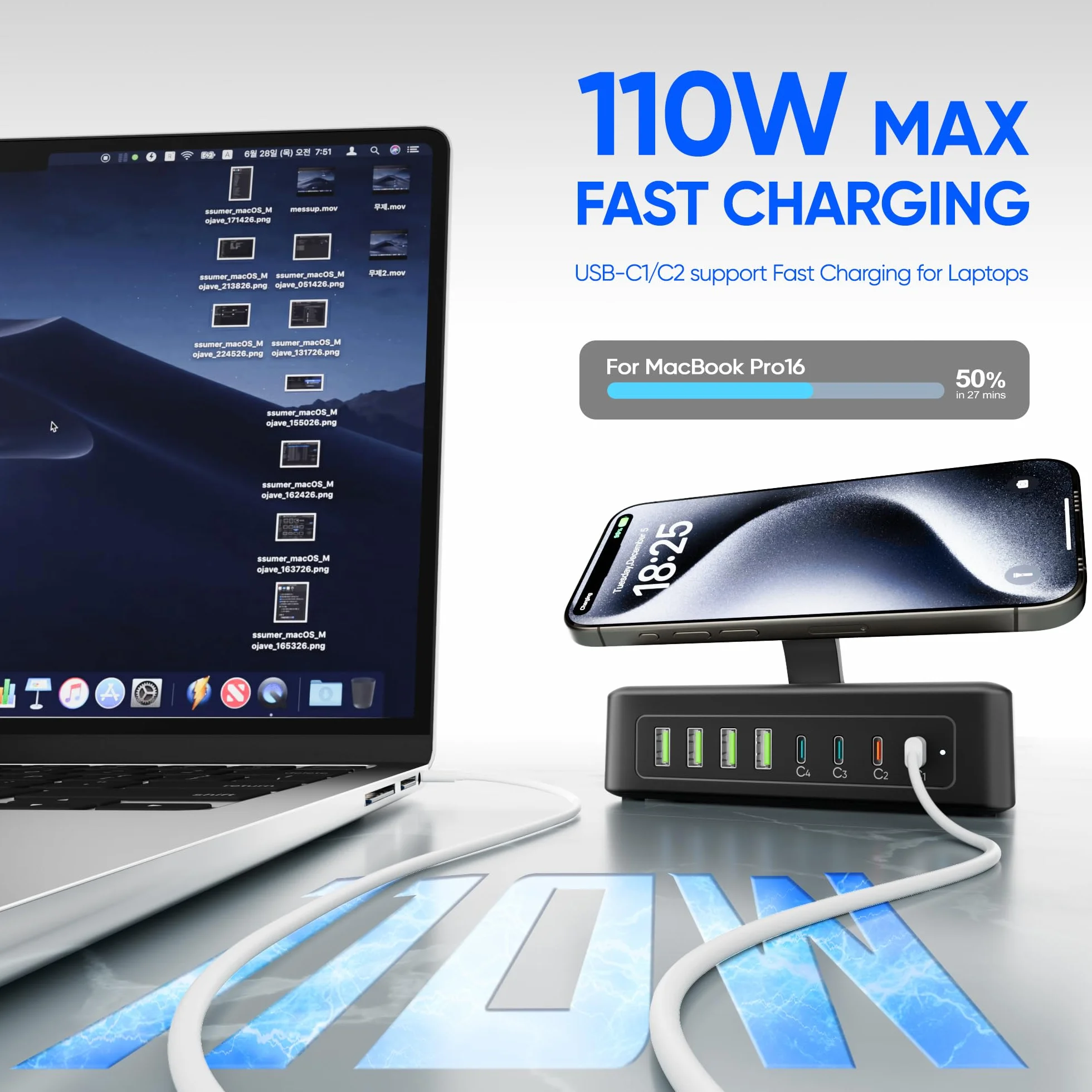 Stacja ładująca USB 300 W, listwa zasilająca USB C 11 w 1, 2 gniazda AC i 8 portów USB, płaski przewód przedłużający 1,5 m z wieloma urządzeniami, ładowarka biurkowa do domowego biura, akcesoria na