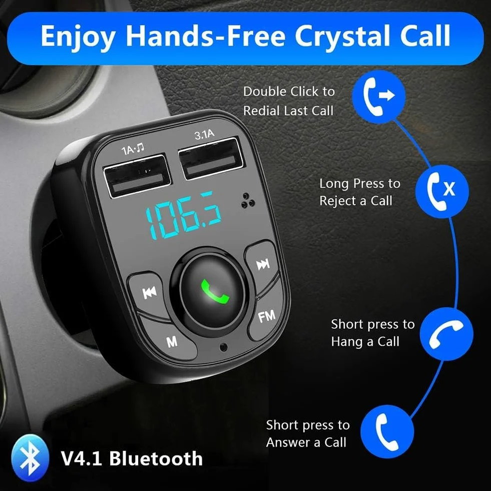 MKOIJN Samochodowy nadajnik FM Bluetooth Radio Zestaw głośnomówiący MP3 Odtwarzacz Ładowarka 2 porty USB 5V/2,4A 1A