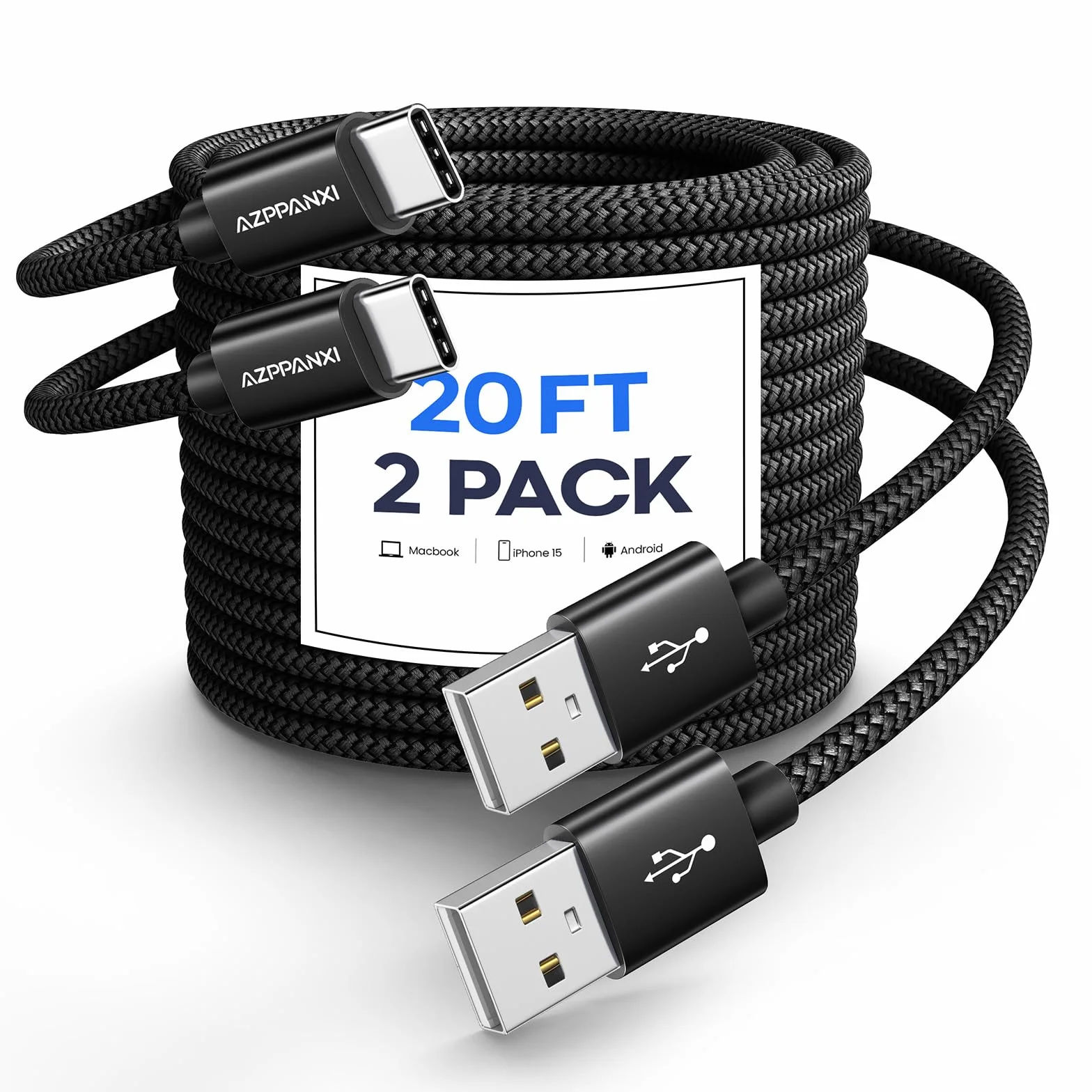 Długi kabel USB C o długości 6,1 m, trwały podwójny pleciony nylon, kabel USB A do USB C, kabel do szybkiego ładowania, kompatybilny z iPhone 15 Pro Max, Samsung Galaxy Moto LG i innymi urządzeniami