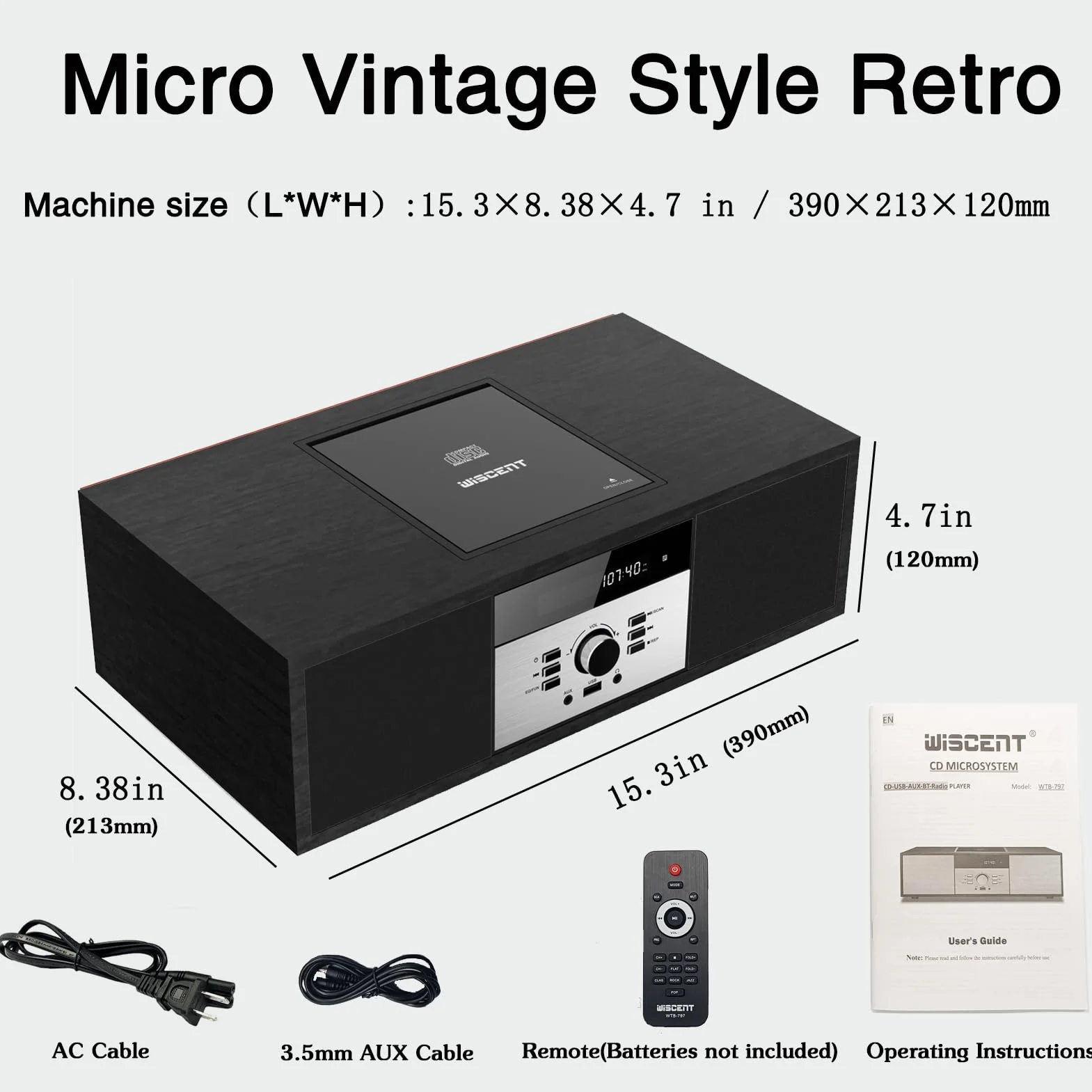 Kompaktowe urządzenia, nostalgiczny zestaw stereo Bluetooth do domu, WISCENT Vintage Micro HiFi Systems, odtwarzacz CD, z Bluetooth Audio Streaming, radio FM, złącze USB, wejście Aux-in, gniazdo