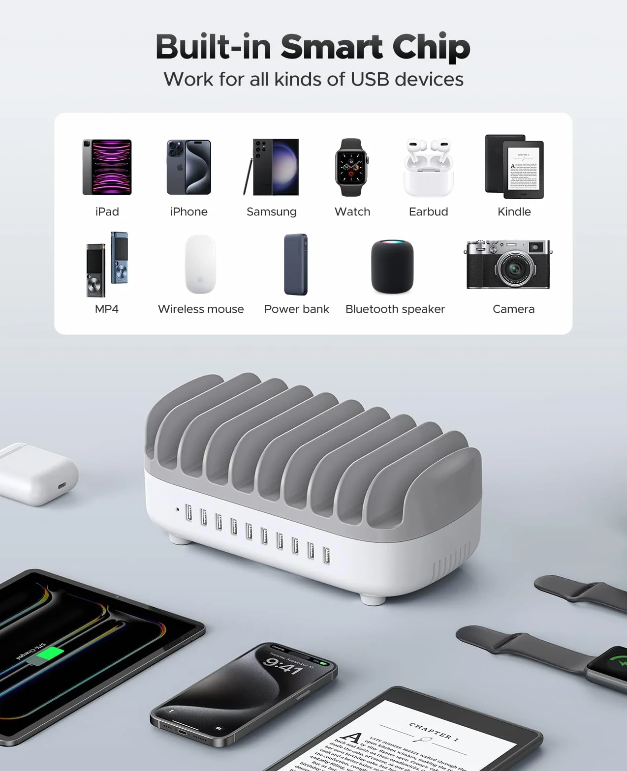 120 W stacja ładująca do wielu ORICO 120W Charging Station for Multiple Devices, New Upgrade 10 Ports Smart USB Charging Station, Compatible with iPhone 15/14/13/12，iPads, Android Phone and Tablets