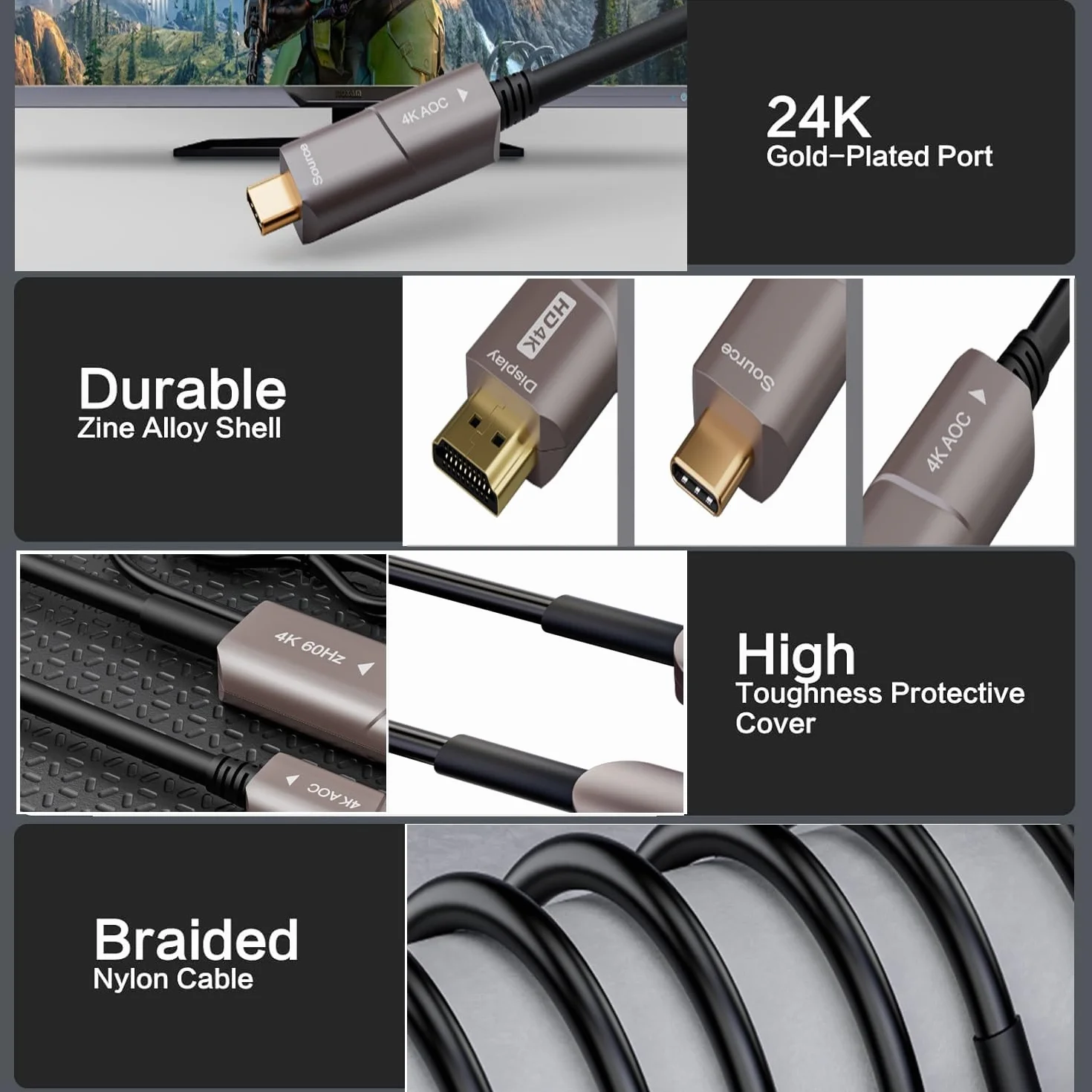 Kabel USB C na HDMI Fiber Optic kabel USB 3.1 Type C do 4K HDMI, kompatybilny z Thunderbolt 3/4, do MacBook Pro/Air (F0402-AOC-10M)