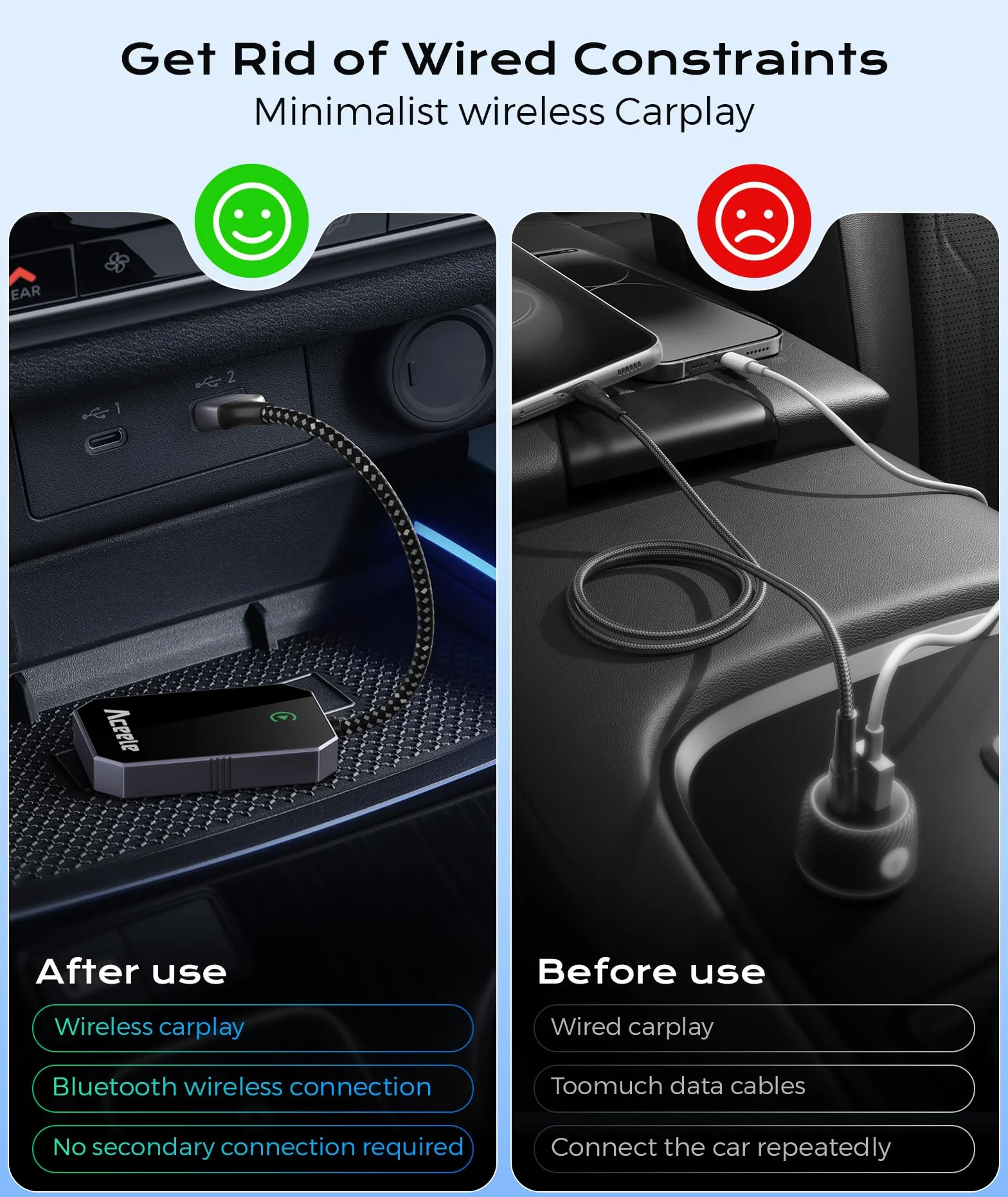Aceele CarPlay bezprzewodowy adapter do Apple iPhone iOS 10+, USB C/A Car Play, adapter Plug and Play, Mini CarPlay pendrive USB do samochodów od 2016 roku (nie jest obsługiwany przez Android)