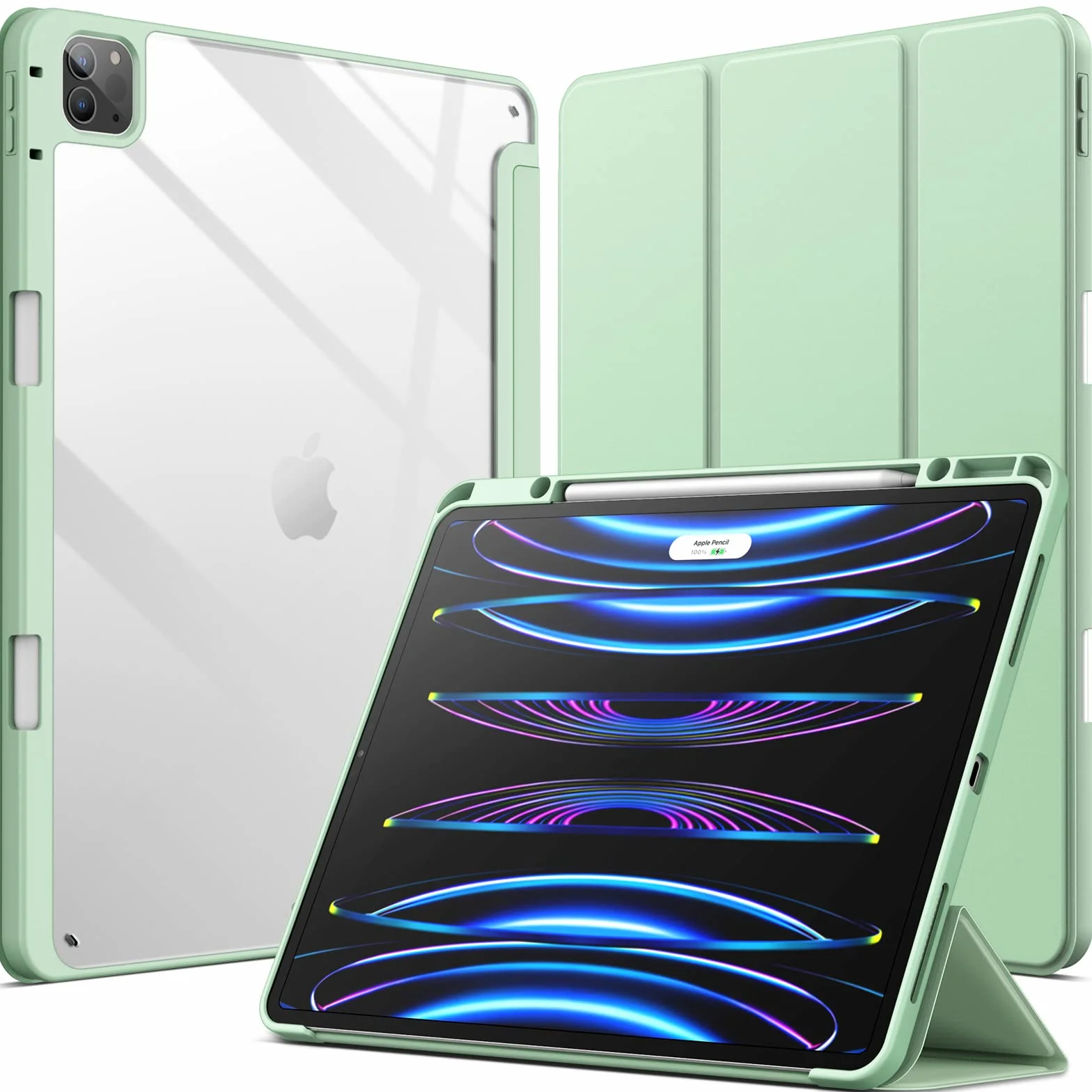 JETech Etui dla iPad Pro 12,9 Cala (2022/2021/2020/2018) z Pencil Uchwyt, Wyczyść Przezroczysty Tył Obudowa Slim Podstawkę Odporna na Wstrząsy Obudowa Tabletu Case (Matcha Zielona)