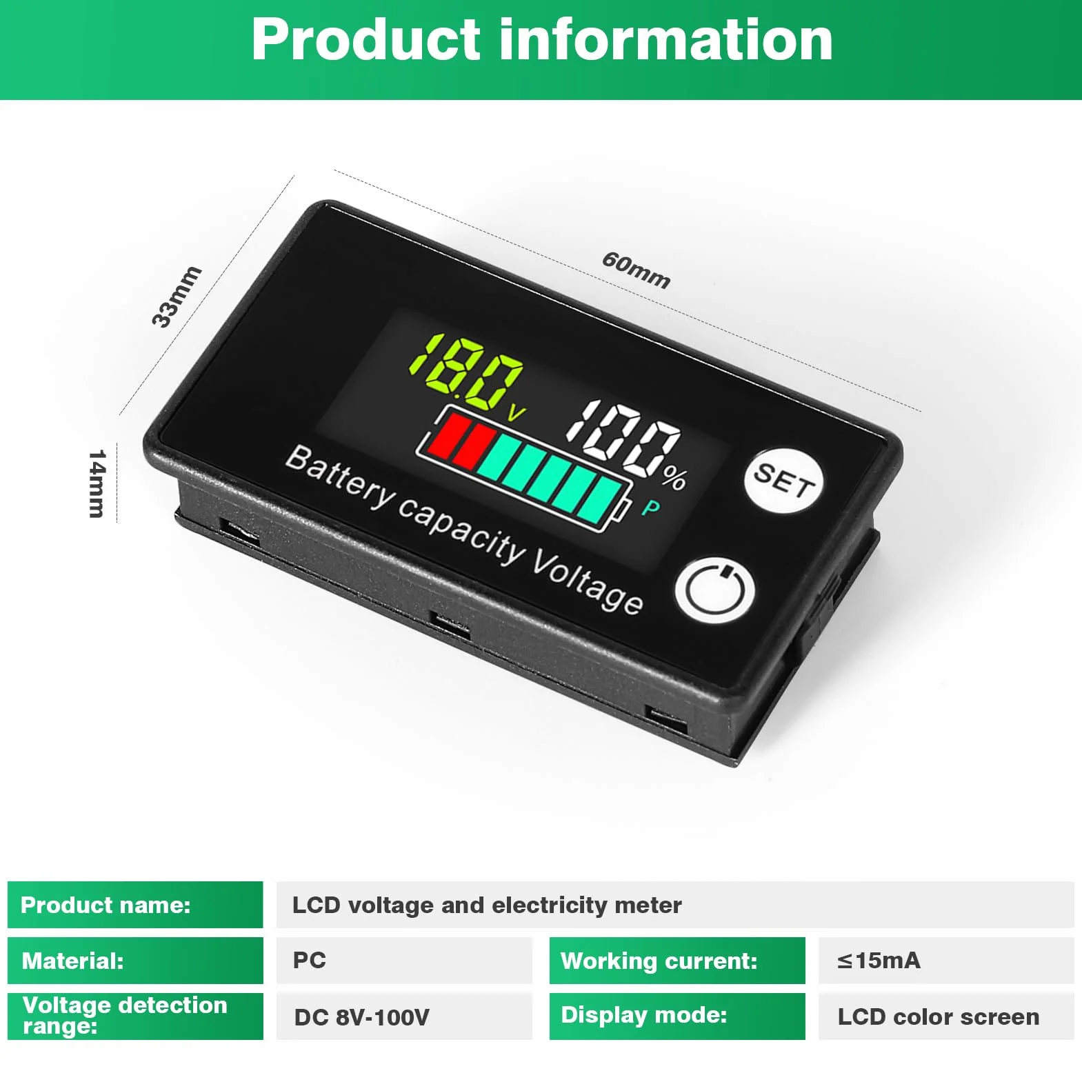 DEWIN Wskaźnik naładowania akumulatora 12 V, monitor pojemności baterii, wyświetlacz LCD, miernik napięcia akumulatora z alarmem do samochodów, łodzi, DC 8-100 V