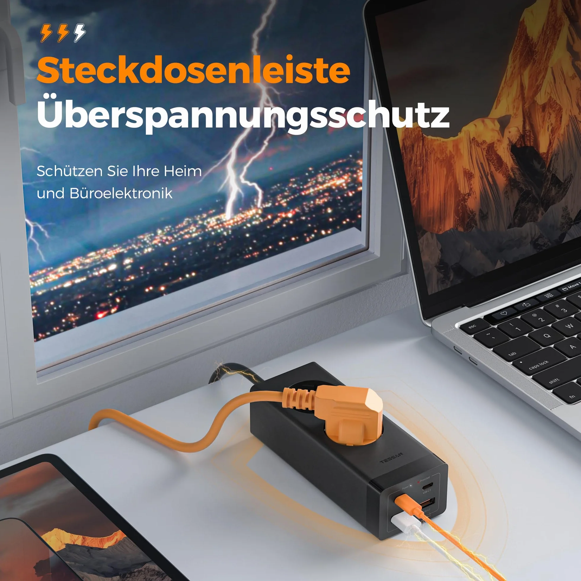 TESSAN 30W Listwa zasilające z USB C, GaN USB-C ładowanie szybkie 2 porty, przedłużacz 2 m i ochrona przed przepięciami, 3600W do biura