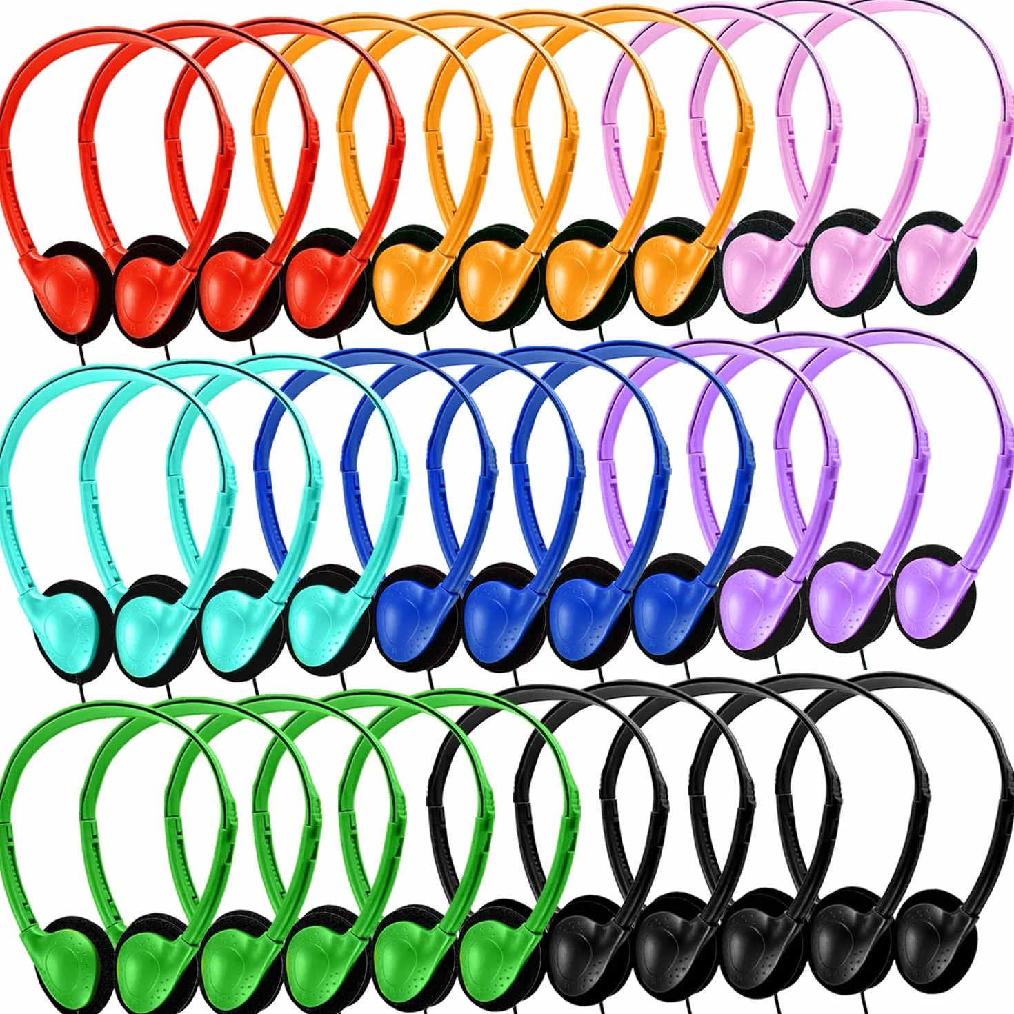 Zestaw 50 słuchawek do sali lekcyjnej, luzem, dla uczniów, dzieci, szkoły, hurtowy, przewodowe, nauszne, regulowane z gniazdem 3,5 mm, do biblioteki, dzieci, dorosłych, na Boże Narodzenie, do