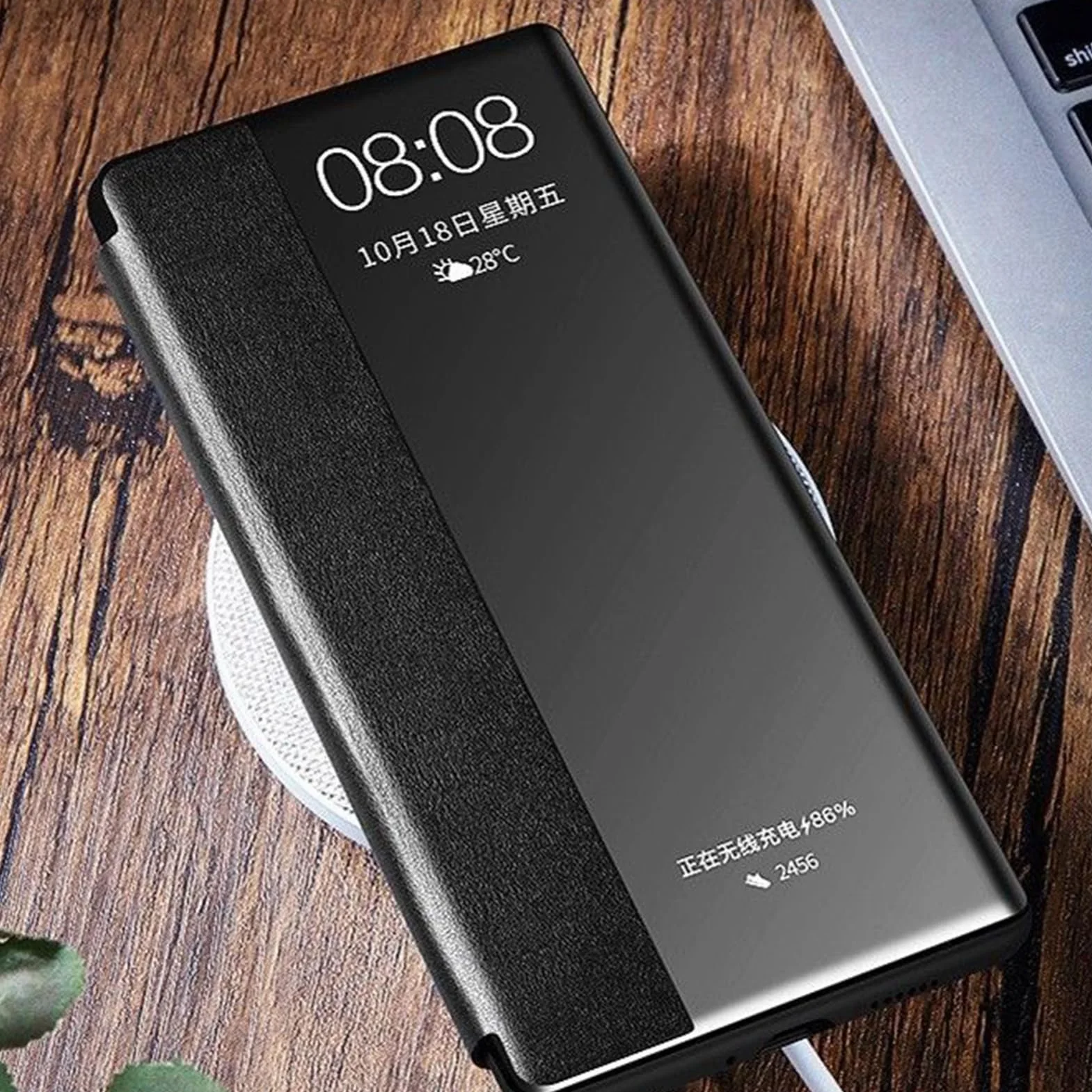 Etui z klapką do OnePlus 15, przezroczyste okno widoczności PC Lychee Leather Cover Business Pattern Case, Black, 15
