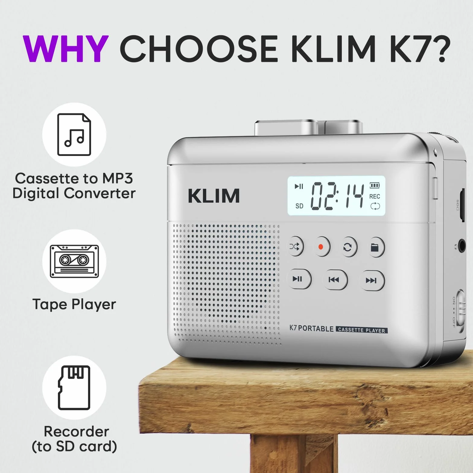 KLIM K7 Magnetofon kasetowy - konwerter kasety na MP3 - przenośny - wbudowany mikrofon i głośnik - akumulator - słuchawki - karta SD 16 GB - srebrny