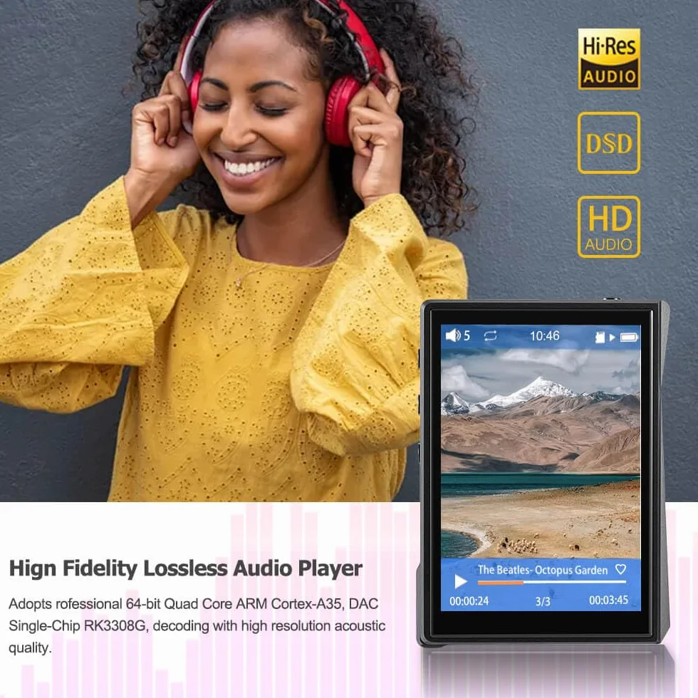 Surfans F22 Przenośny odtwarzacz MP3 HiFi – bezstratny odtwarzacz muzyczny z Bluetooth, układem DAC, obsługą audiobooków i książek elektronicznych – 2.8" ekran dotykowy – DSD256, PCM 384kHz – 32GB, do