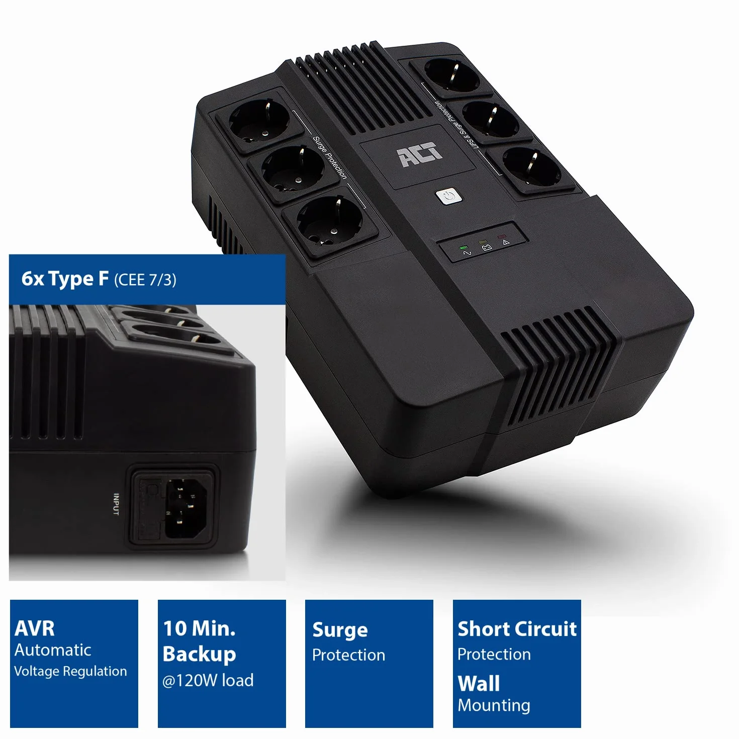 ACT Back-up zasilacz UPS Line Interactive, akumulator 600 VA UPS Power Supply, (6 wyjść Schuko, ochrona przed przepięciem), AVR – AC2300
