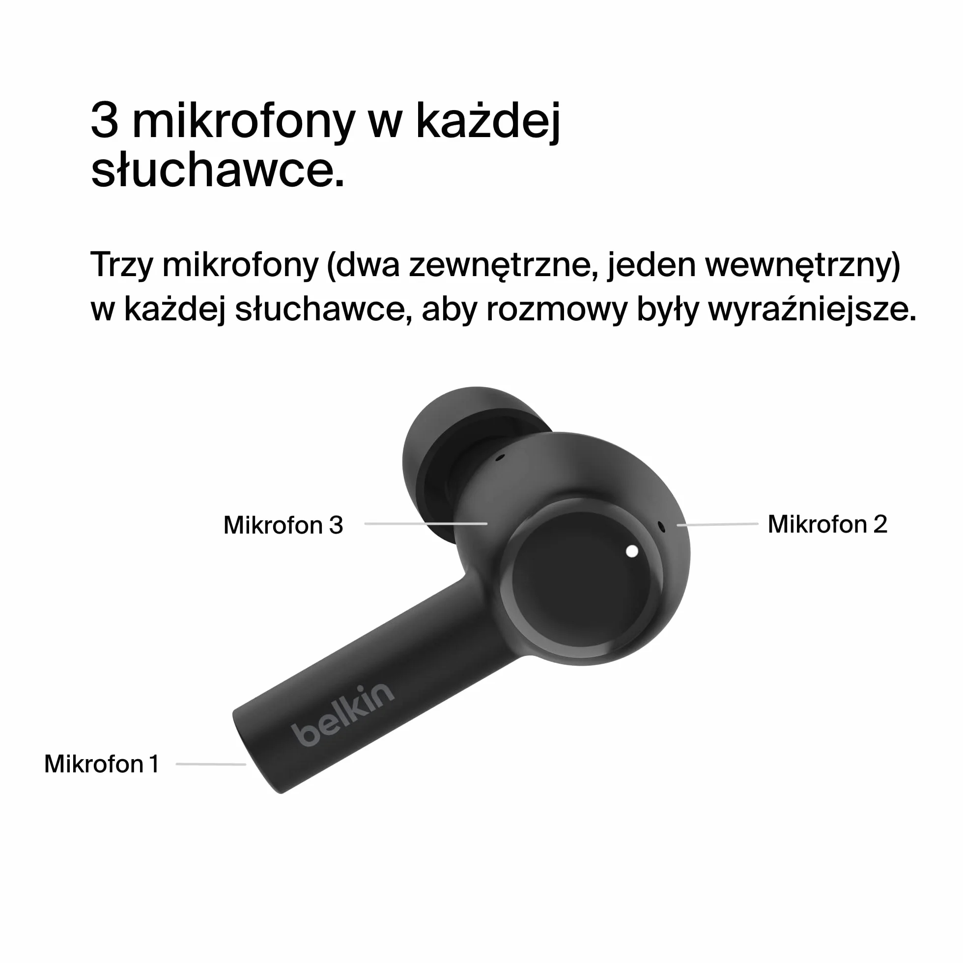 Belkin Słuchawki douszne redukujące hałas SoundForm Pulse, bezprzewodowe słuchawki z etui ładującym, 3 mikrofony na słuchawkę – słuchawki Bluetooth do iPhone’a i Samsunga, wodoodporne (IPX5) – czarne