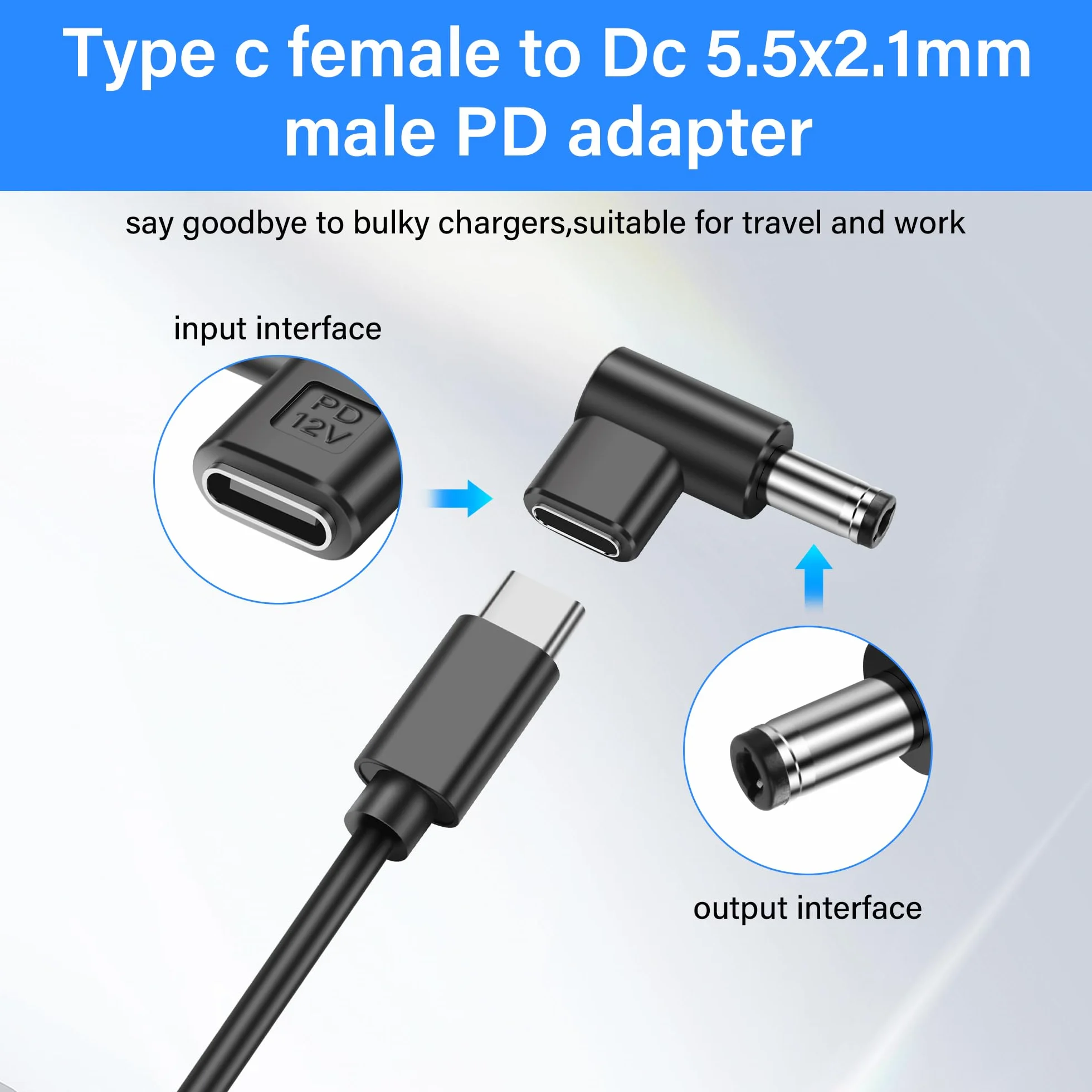 12 V USB C na DC 5,5 x 2,1 mm Konwerter, 90 stopni DC 5,5 x 2,1 mm złącze na gniazdo USB C emulator PD adapter z wyzwalaczem, do kamery, routera, diody LED (4-pak)