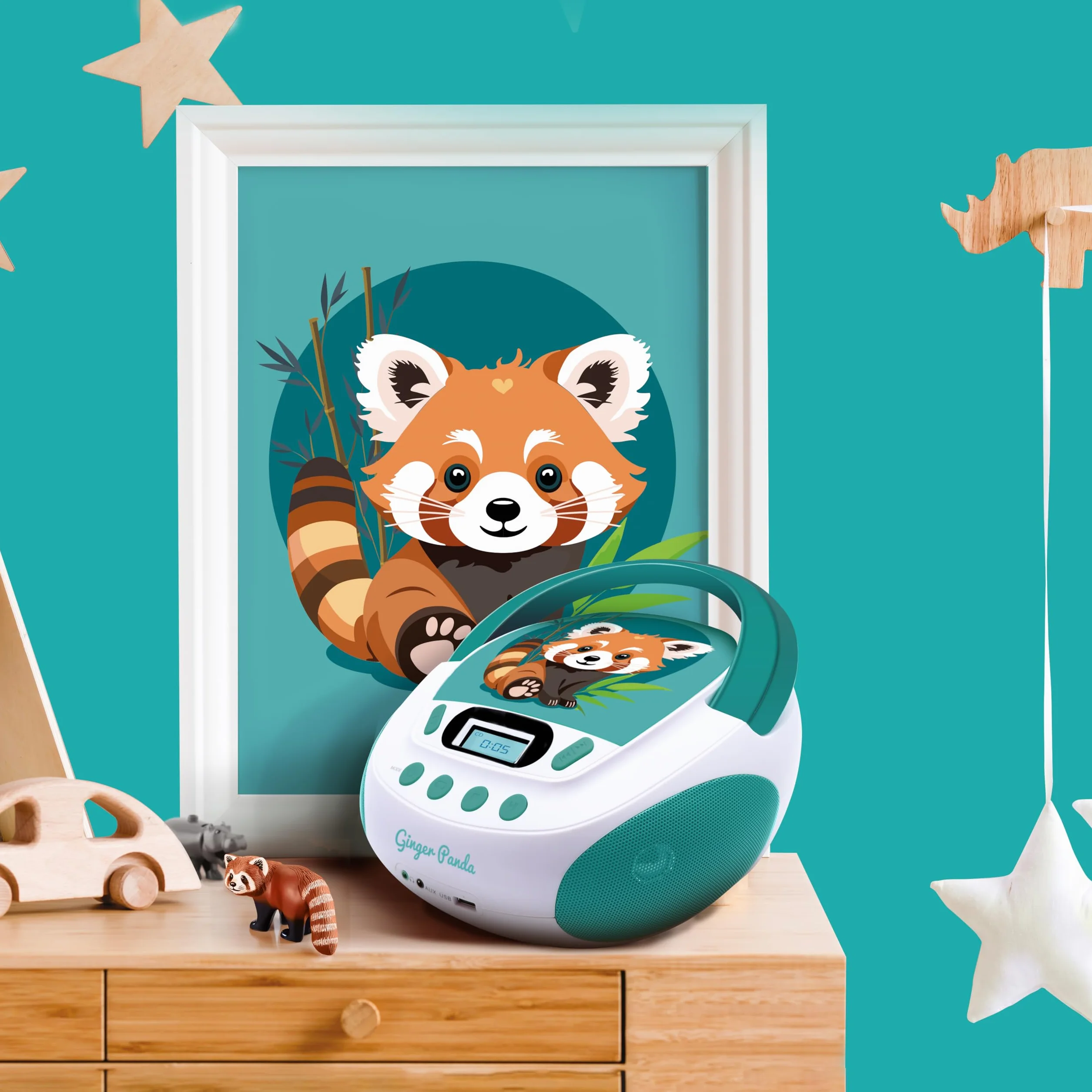 MOOOV 477414 Czerwona Panda Odtwarzacz CD dla dzieci i port USB - AUX-in - Gniazdo słuchawkowe - przenośna stacja z uchwytem do przenoszenia - Zasilanie sieciowe lub baterie - zielony i biały