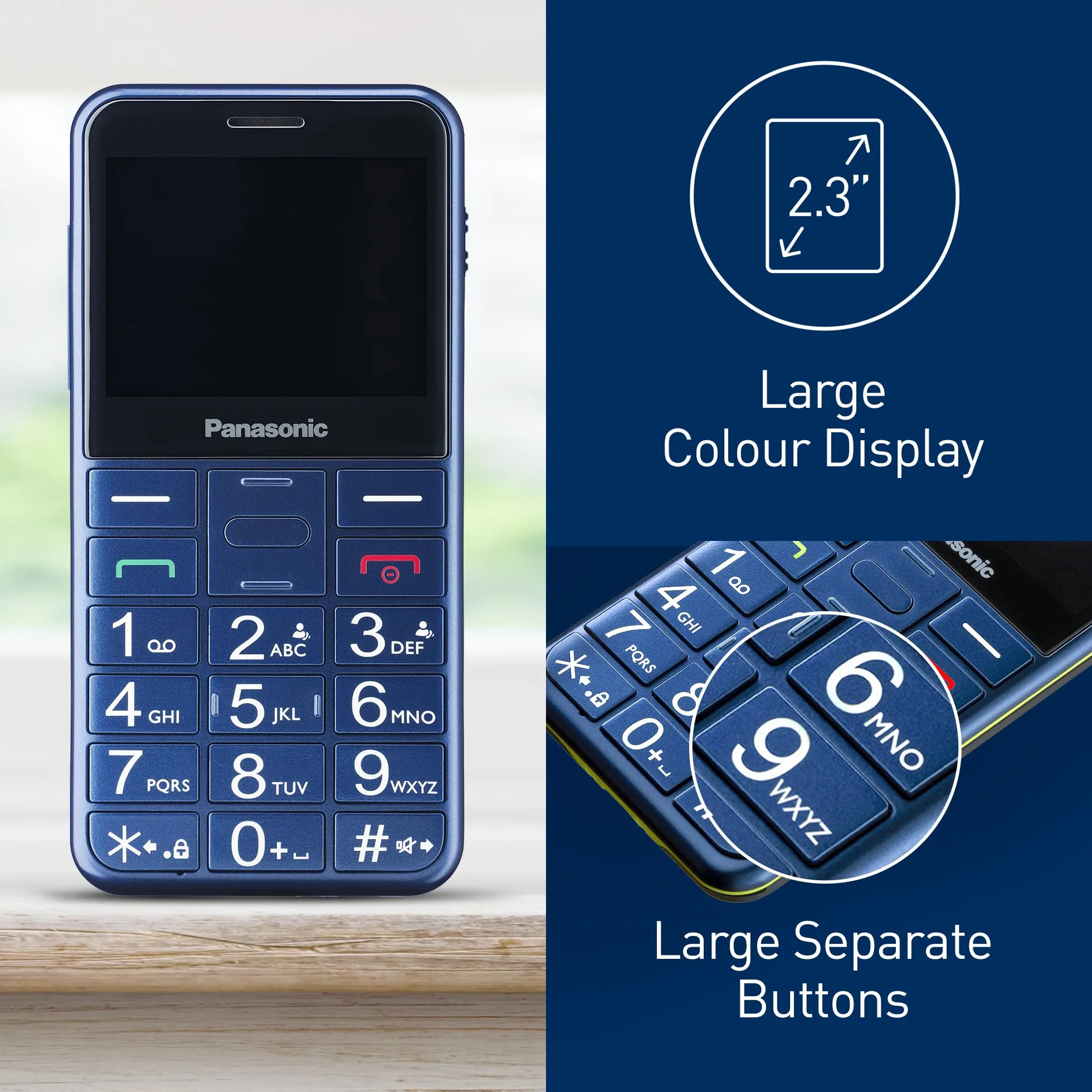 Panasonic KX-TU155 telefon komórkowy dla seniora (połączenia priorytetowe, czytelny ekran 2.4", podświetlane przyciski, jasna latarka LED), niebieski