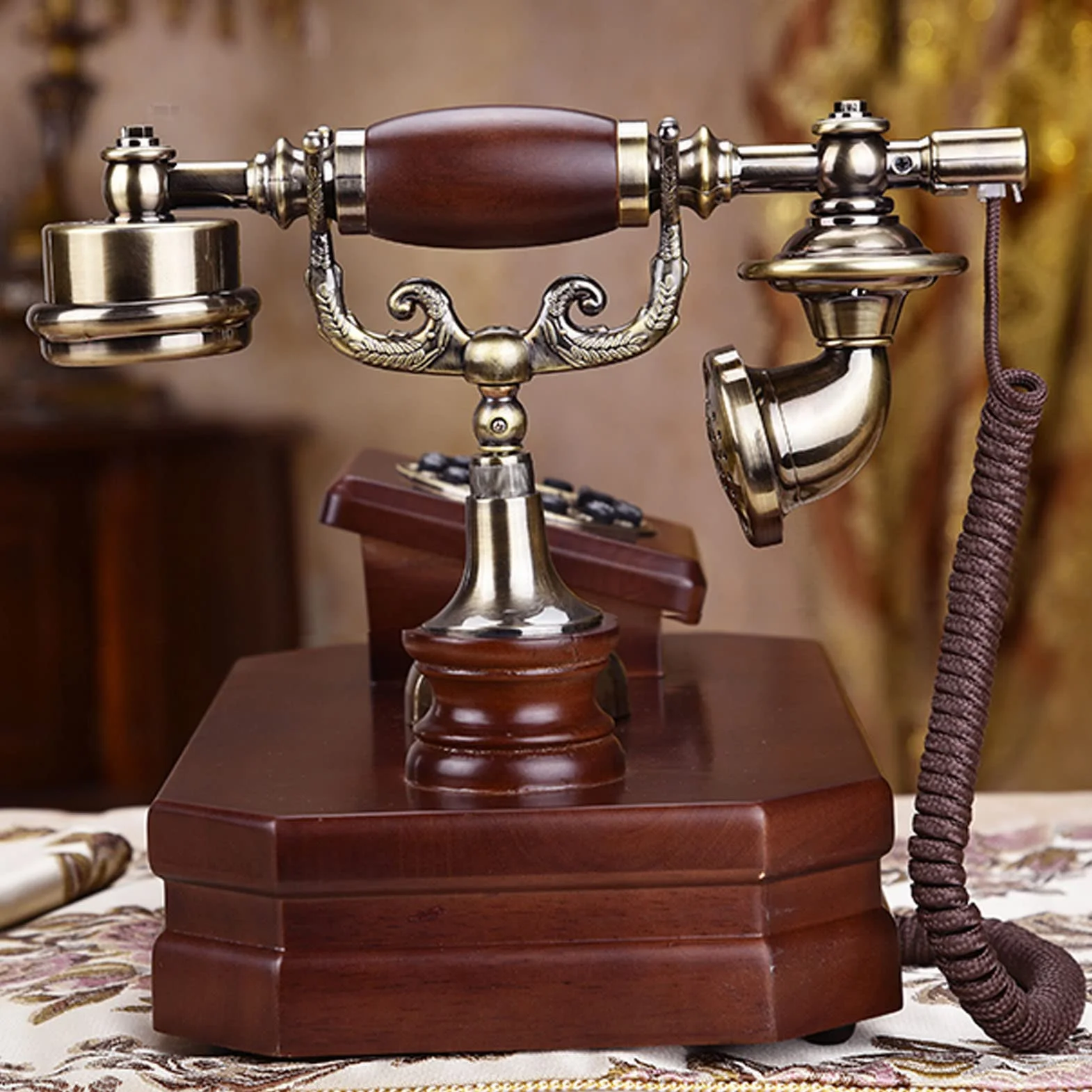 Antyczny telefon drewniany telefon vintage telefony z podświetleniem, styl vintage europejski przewodowy FSK/DTMF stacjonarny telefon stacjonarny do domu, dekoracja