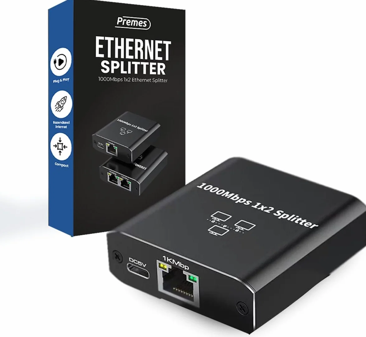 rozdzielacz Internetu, 2 porty, do 1000 Mb/s, od 1 do 2, LAN, UTP, RJ45, rozdzielacz sieci, rozdzielacz UTP, rozdzielacz Ethernet, przełącznik Ethernet, przełącznik sieciowy