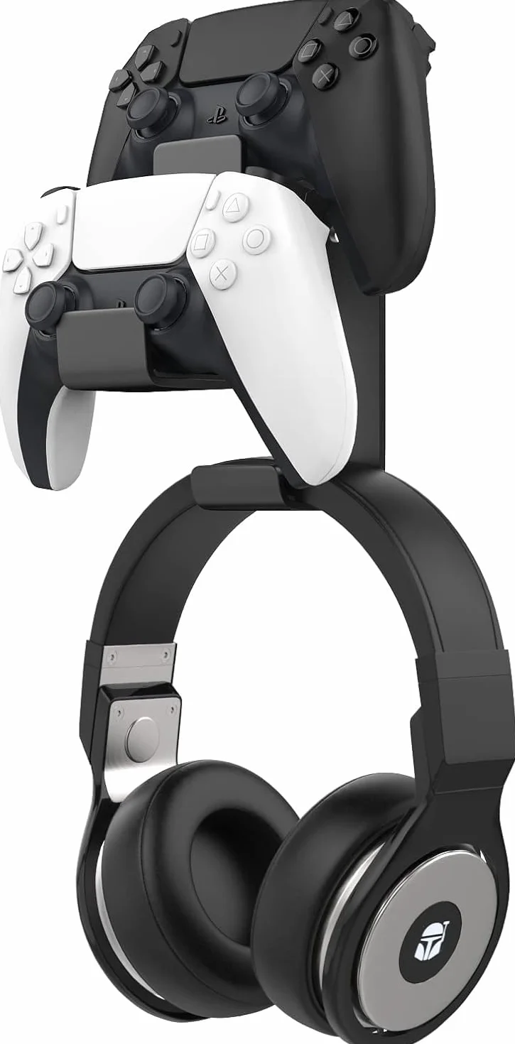 MoKo Controller Holder, Dual Gamepad Controller & Headphone Hanger for Xbox One, Xbox 360, PS3, PS4, PS5, PC, STEAM, Switch/Switch 2, Wall Mount Stand for All Universal Headsets, Black