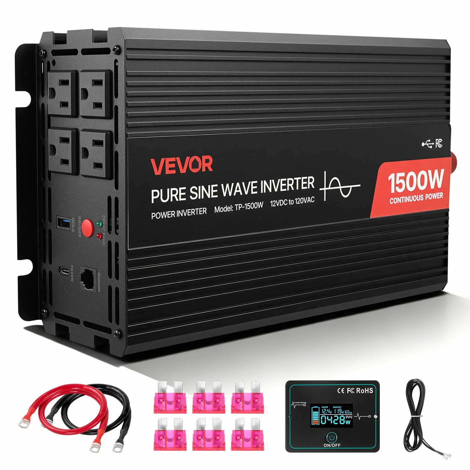 VEVOR Falownik prądu 1500 W, falownik sinusoidalny 12 V DC na 230 V AC, konwerter ładowarki samochodowej z pilotem zdalnego sterowania, portami USB i typu C, 2 gniazda AC do kampera