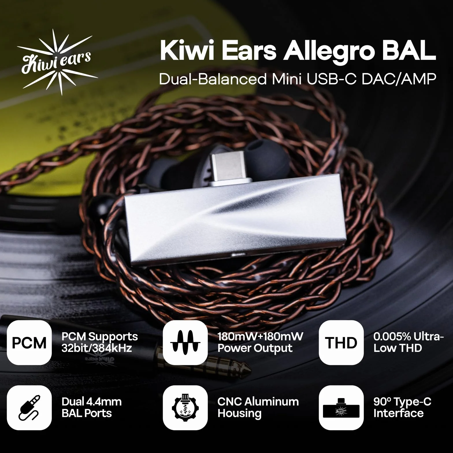 Linsoul Kiwi Ears Allegro BAL Mini – wzmacniacz DAC z wejściem USB-C do słuchawek dousznych, podwójne zbalansowane wyjście 4,4 mm, wysoka moc 180 mW + 180 mW, dźwięk w wysokiej rozdzielczości