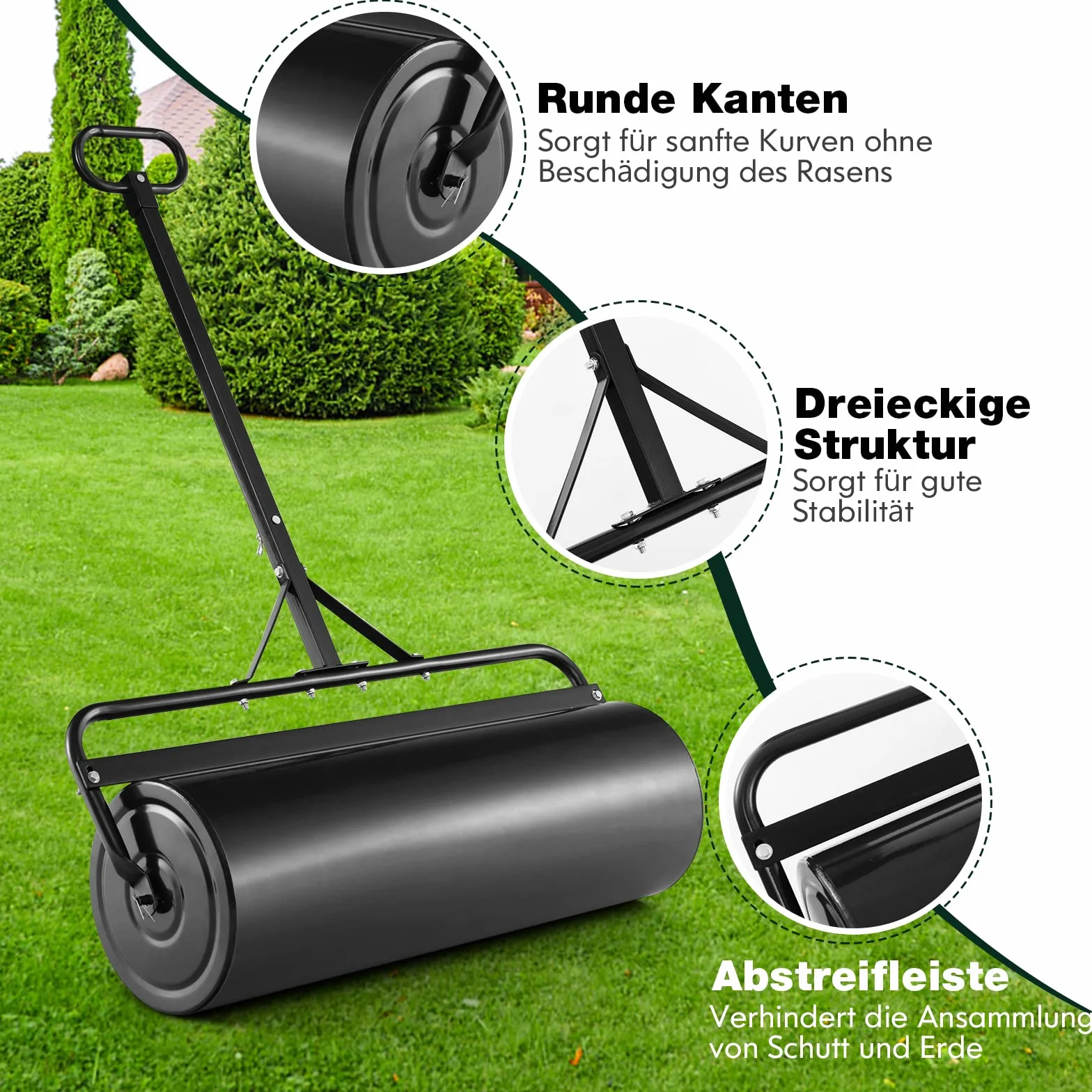 COSTWAY Walec do trawnika napełniany wodą lub piaskiem, 63 L, Ø 30 cm x 99 cm, walec gruntowy z uchwytem, walec ogrodowy metalowy, walec ręczny Lawn Roller, walec do trawnika dla równego trawnika