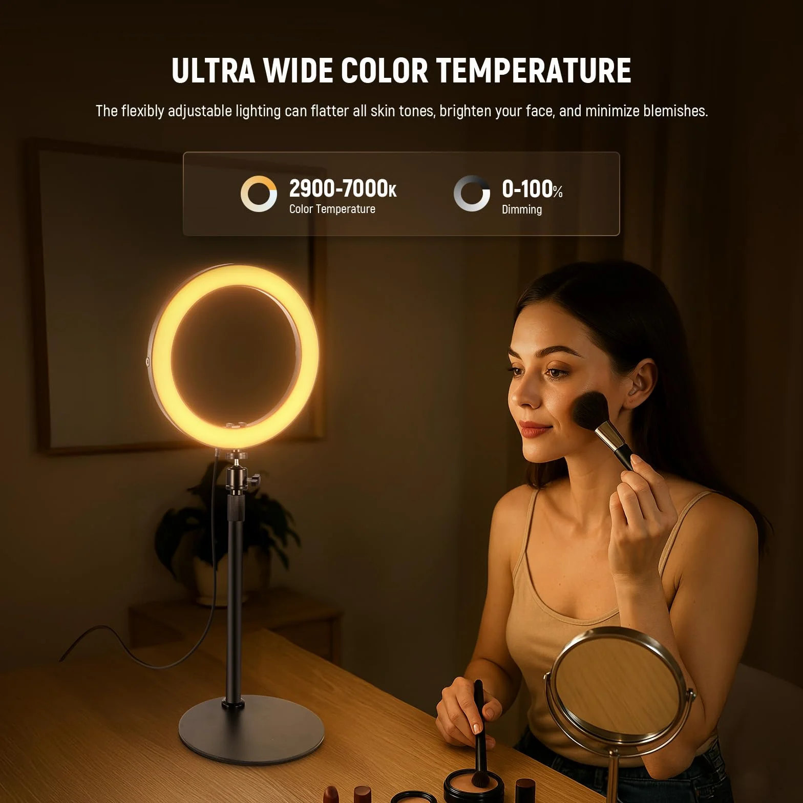 NEEWER Lampa pierścieniowa LED 10" 20 W ze stojakiem na biurko, uchwyt na telefon, kompatybilna z laptopem iPhone, dwukolorowa, 2900 K – 7000 K, wejście USB C PD, CRI97+ 1660LX/0,5 m, do selfie Make