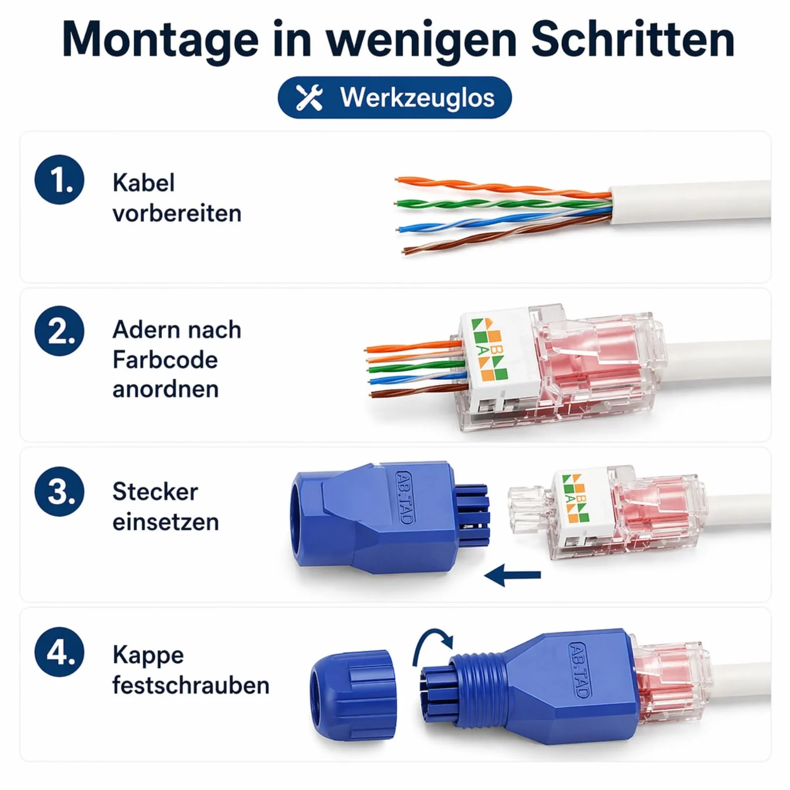Powice Cat7 RJ45 wtyczka beznarzędziowa, niebieska, 2 sztuki