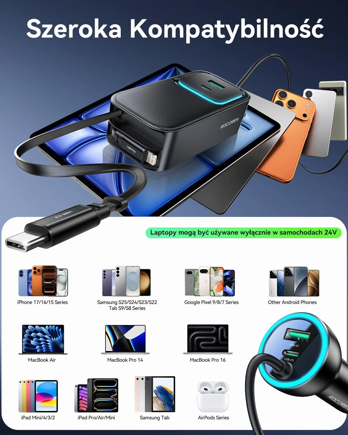 Rocoren Ładowarka samochodowa 6 w 1, USB 135 W, wysuwany adapter do szybkiego ładowania, 12 V-24 V, akcesoria samochodowe do wnętrza z kablem 1,5 m, na kemping, do kampera, podróży, gadżet do laptopa