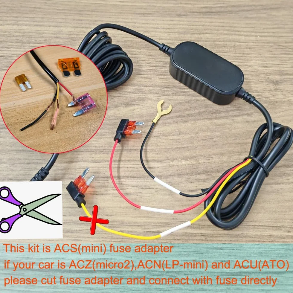 GUUZI Zestaw okablowania kamery samochodowej typu C parkowania napięcie 12 V–24 V na 5 V/2,5 A Ładowarka do kamery samochodowej Zestaw kabli 320 cm z zabezpieczeniem przed niskim napięciem