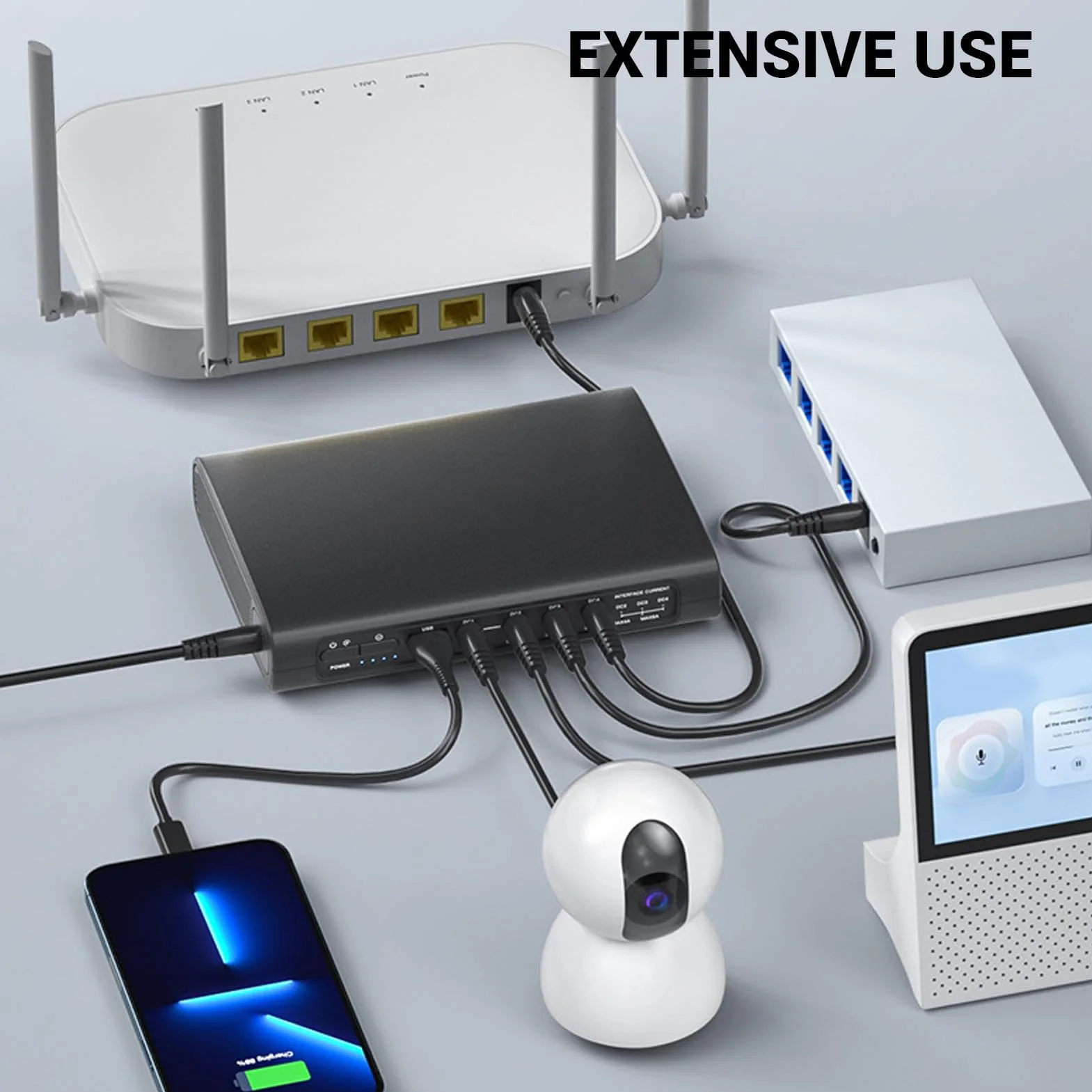 Mini UPS 25600 MAh 94,72 Wh 5 V 9 V 12 V 5 Gniazd, Zapasowy Bank Mocy, Zasilacz Awaryjny dla Modemu Routera Kamera Bezpieczeństwa z inteligentną ochroną (Fafeicyac5wpbv37z-12)