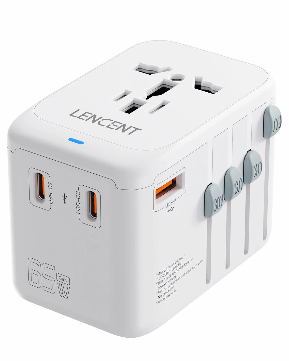 LENCENT GaN III 65 W Uniwersalny Adapter Podróżny | z 1 Gniazdem USB-A i 3 USB-C PD, Adapter do Gniazda Wtykowego Typu A/C/G/I (USA/UK/EU/AUS), Biały