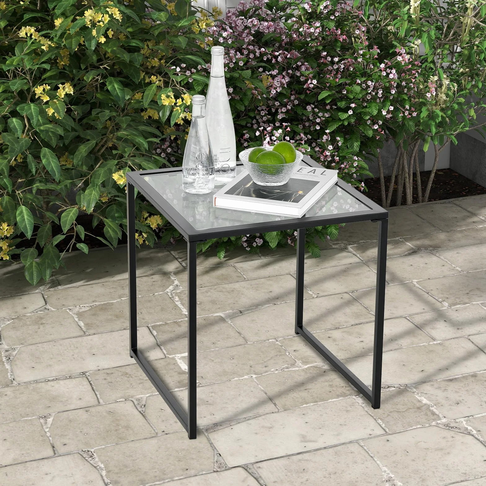 COSTWAY Stolik pomocniczy, mały stół ogrodowy, stół balkonowy z blatem z hartowanego szkła, stolik kawowy do salonu, ogrodu, na balkon, taras, 43 x 43 x 45 cm, ZB33386DE