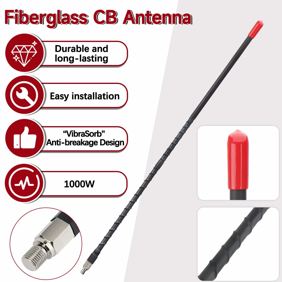 Antena radiowa CB 27 MHz zestaw anten z włókna szklanego do dużych obciążeń, 2 stopy, 61 cm, czarna, 1000 W, kompatybilna z samochodem ciężarowym, samochodowym, mobilnym radiem CB