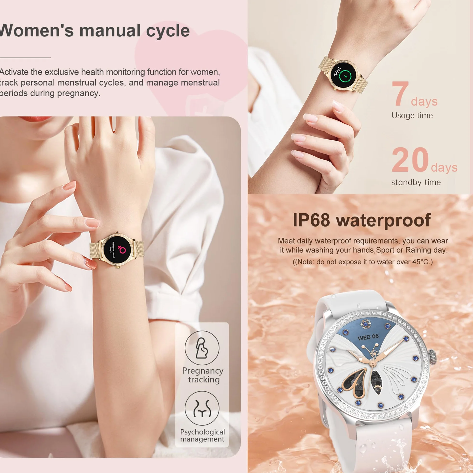 Smartwatch Inteligentny Zegarek Pani z Połączeniami, 1,28" Wodoodporny Smart Watch Sportowy Krokometr Pulsometr Ciśnienie Krwi Bransoletka Aktywność Cyfrowy Zegarek dla IOS Android (srebrny)