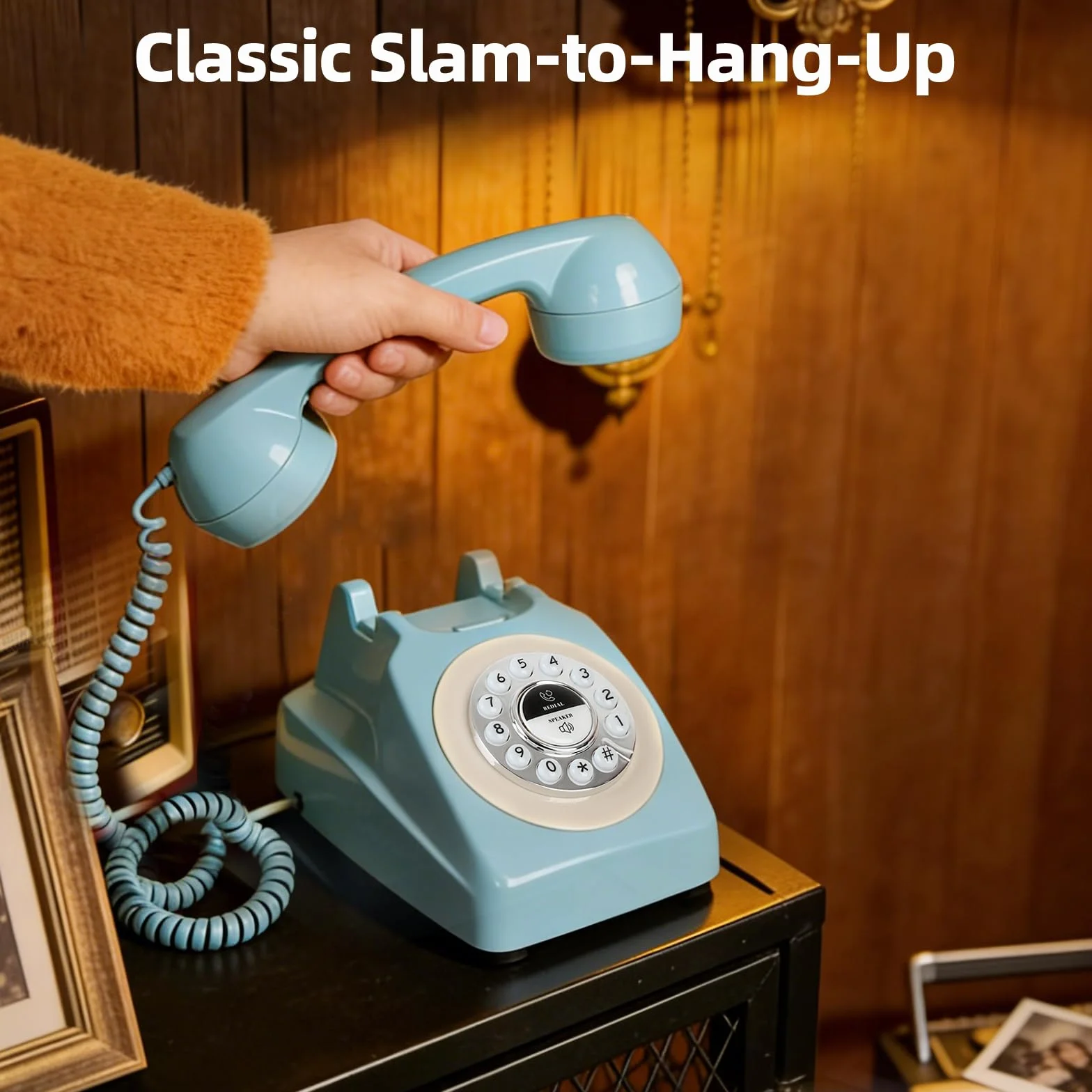 Telefon stacjonarny Bluetooth w stylu retro, niebieski z połowy wieku, z klasyczną słuchawką, głośne dzwonki vintage, Bluetooth łączy się ze smartfonem, uroczy telefon w stylu retro do sypialni, domu