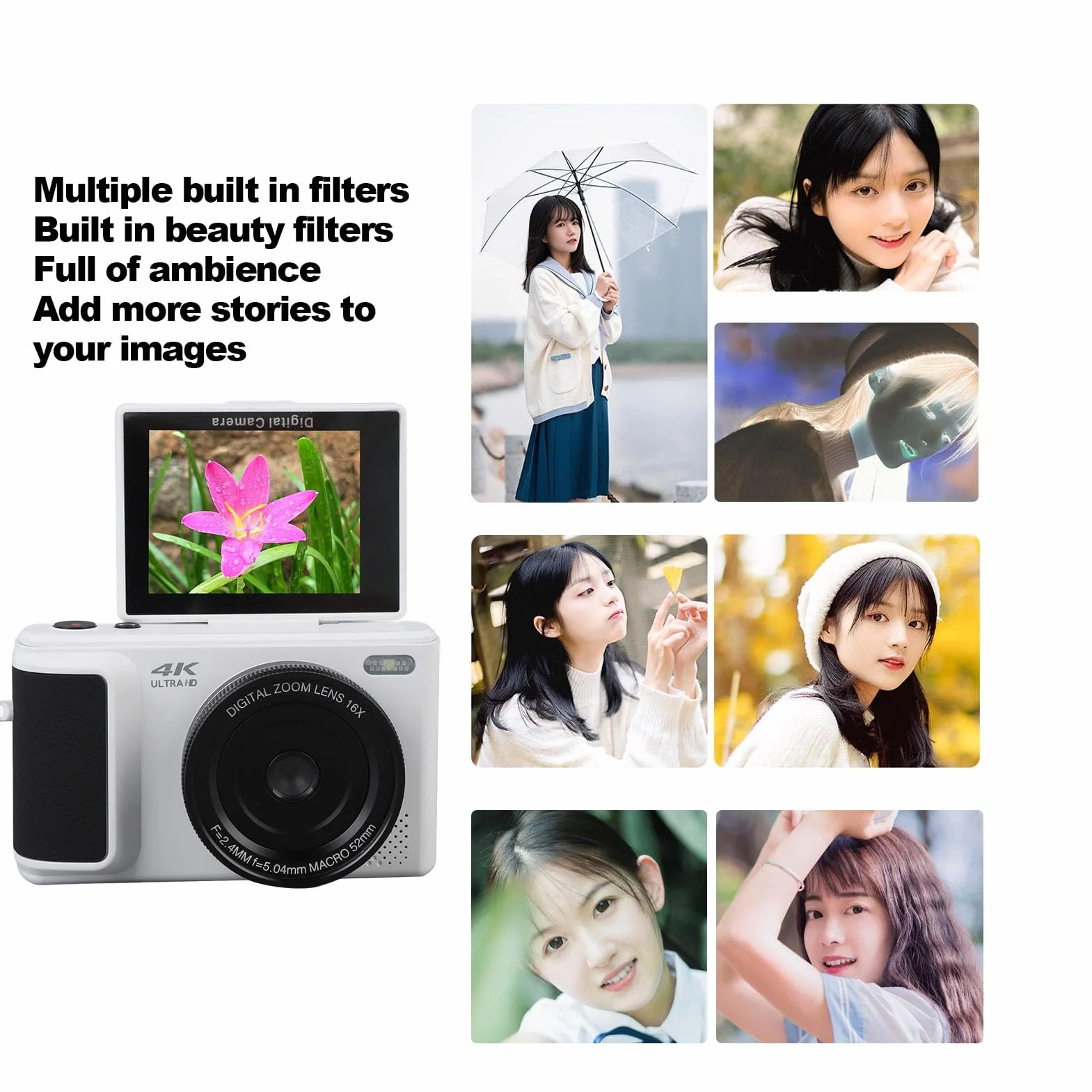 Aparat Cyfrowy 64 MP, Zoom 16X, Nagrywanie Wideo 4K UHD, Autofokus, Ekran Odchylany o 180°, z kartą 128 GB i Filtrami Upiększającymi, do Robienia zdjęć Selfie, dla Dzieci Chłopcy