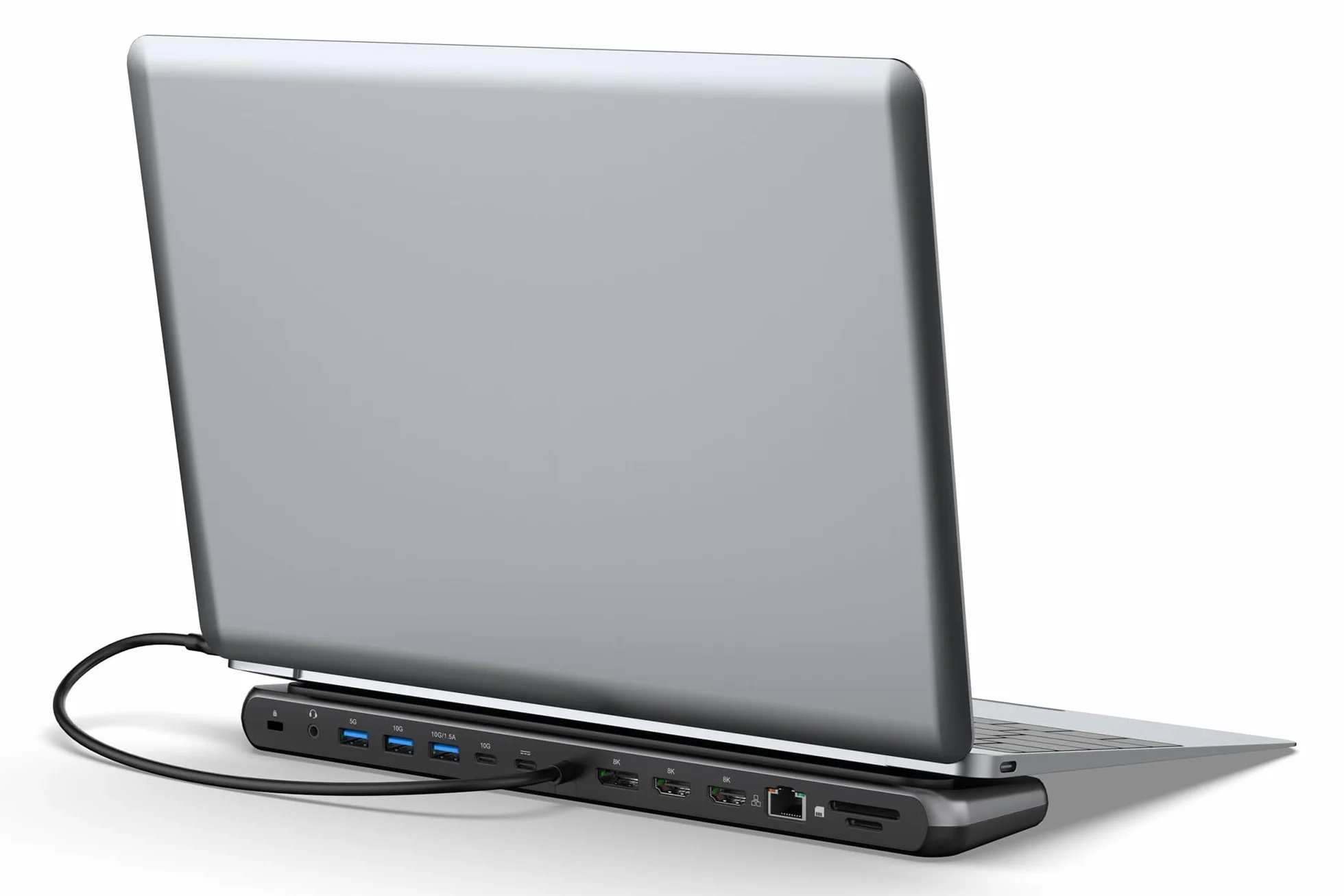 DIGITUS Stacja dokująca do notebooka – 12 portów – 2x HDMI, 1x DisplayPort 8K 30Hz – 2x USB-A 3.2 Gen2, 1x Typ-A 3.2 Gen1, 1x USB-C 3.2 Gen2 – 1x RJ45 – Czytnik kart SD/MicroSD – Złącze 3,5 mm – Szara