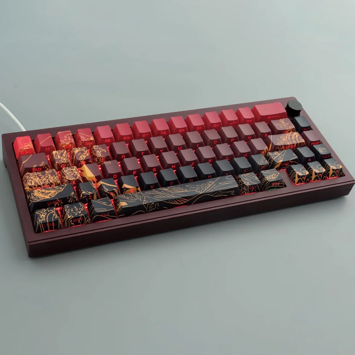 PBT Custom Keycaps, 131 Red Ukiyo-e Keycap Cherry Profile Dye-Sublimation Shine-Through Side Engraved Transparent Keycaps for Cherry Gateron MX Switches Mechanical Keyboards