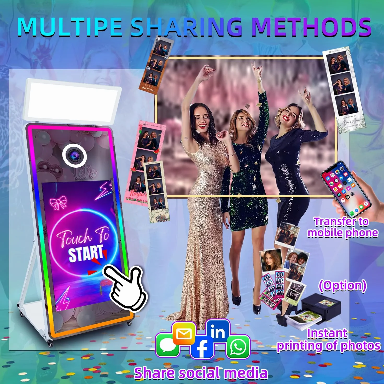 65-calowa przenośna magiczna kabina fotograficzna z lustrem 43-calowym lustro z ekranem dotykowym, maszyna do selfie do wynajmu imprez (White, photo booth)