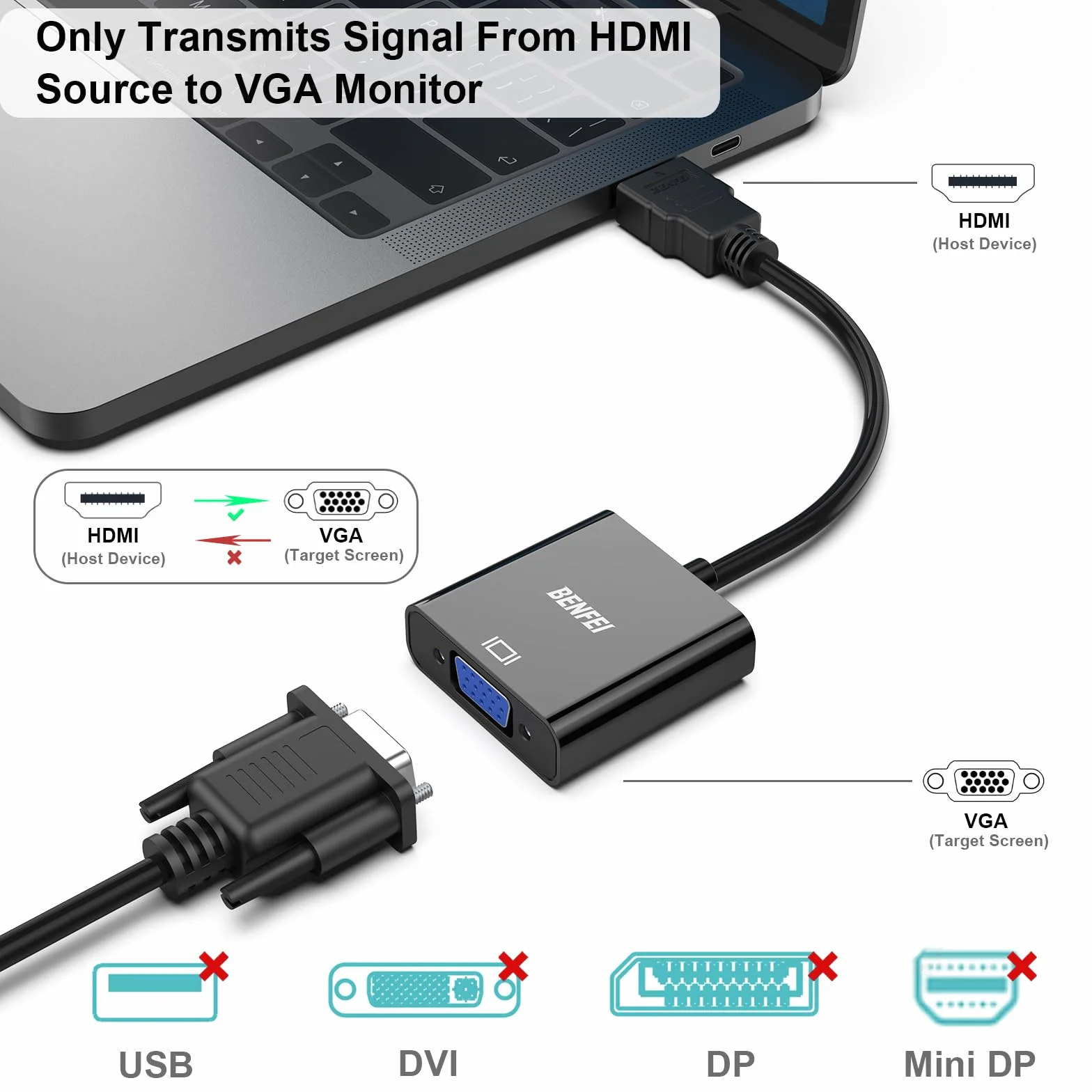 Adapter HDMI na VGA, BENFEI HDMI na VGA do komputera, komputera stacjonarnego, laptopa, komputera PC, monitora, projektora, telewizora HD, Chromebooka, Raspberry Pi, Roku, Xbox i innych