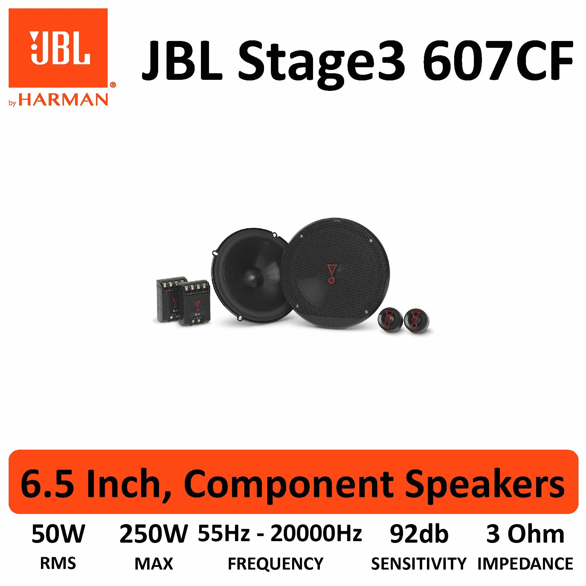 JBL Stage3 607CF Harman Kardon 2-drożny zestaw głośników samochodowych - Komponenty 250 W Zestaw głośników samochodowych Pro Sound z głośnikiem ściennym 160 mm bez siatki i ściennego głośnika