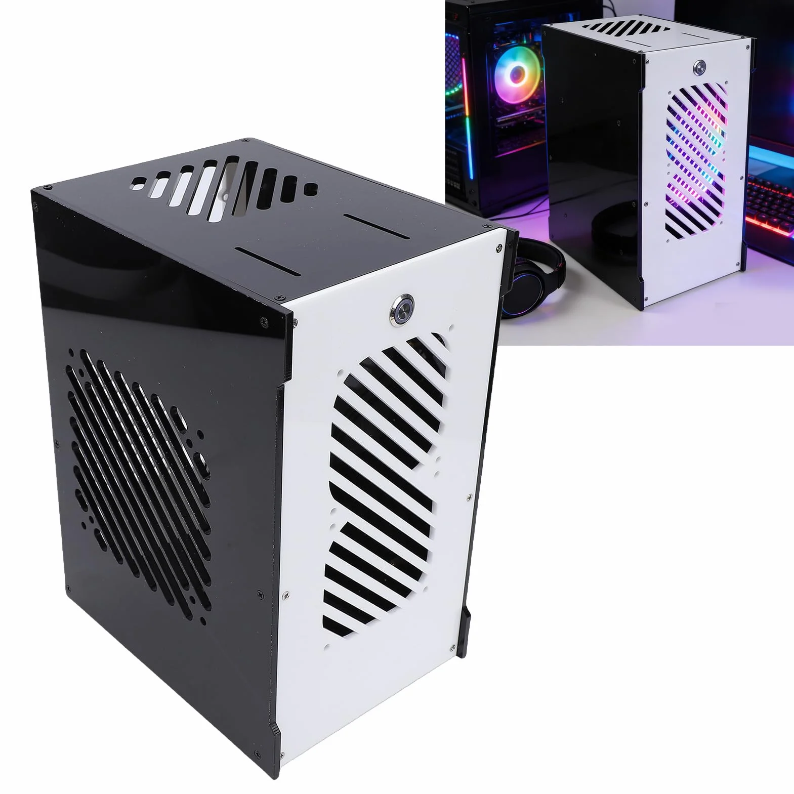 Asixxsix Mała Obudowa Komputera PC, Kompaktowa Obudowa Komputera ITX 10,5 L z Otwartym, Pustym w środku Chłodzeniem 360 Stopni, Obsługa Płyty Głównej ITX Zasilacze SFX SFX L Panel