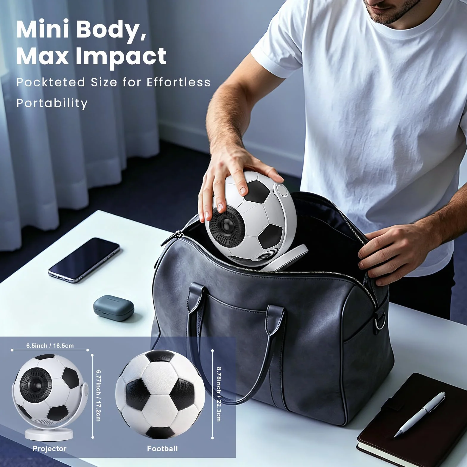 [Dedykowany projektor Mistrzostw Świata] Mini projektor, inteligentny projektor z WiFi 6 i Bluetooth 5.4, Android 14, obrót o 180°, przenośny projektor, kompatybilny z HDMI/TV Stick/laptopem