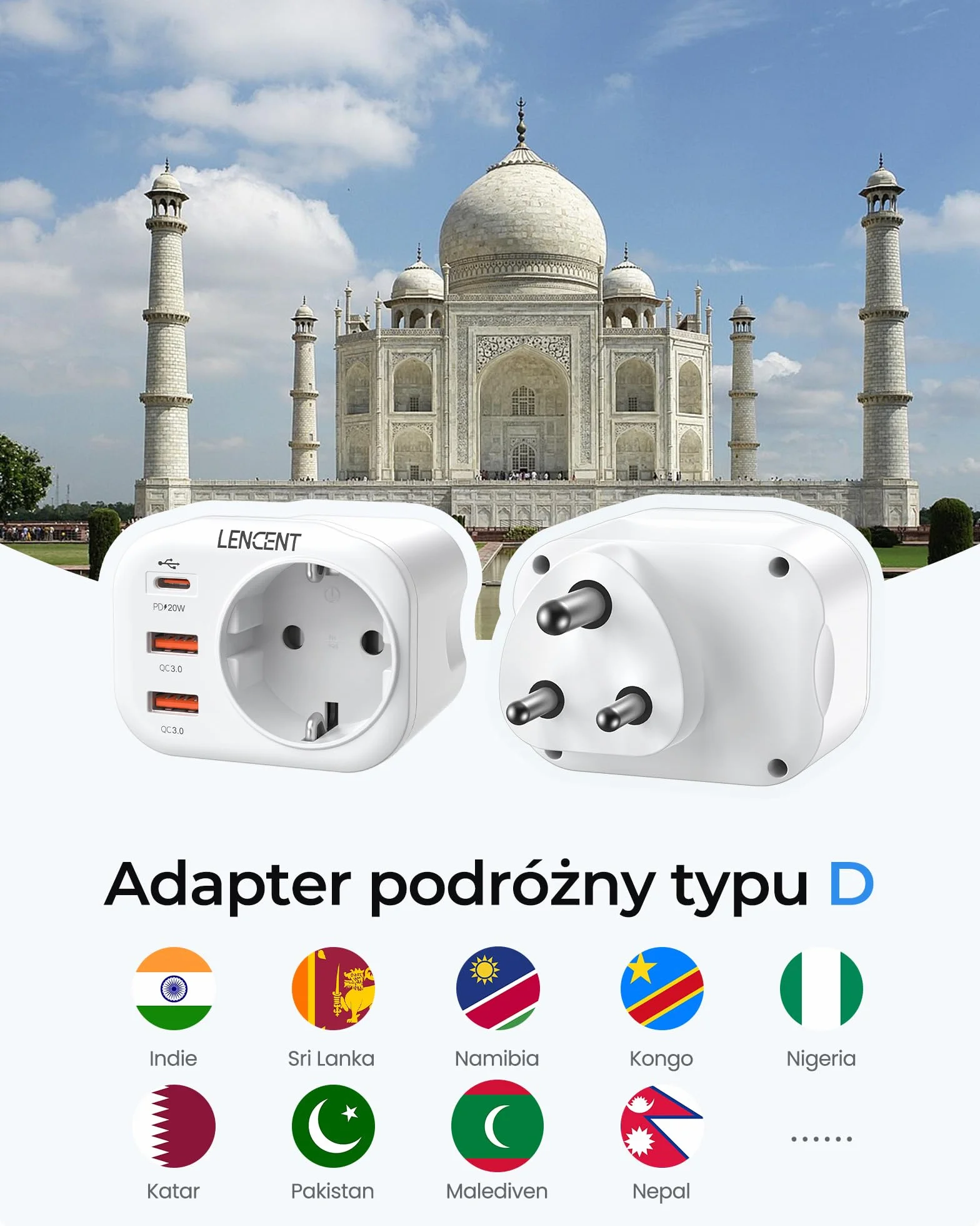 LENCENT 4-w-1 Szybkie ładowanie Adapter Podróżny IN Adapter Indie Wtyczka, Typu-D Wtyczka Podróżna Adapter z 2 USB QC3,0 + 1 Typu C PD 20W, Polski/EU do Sri Lanki, Indii, Nepalu, Biały