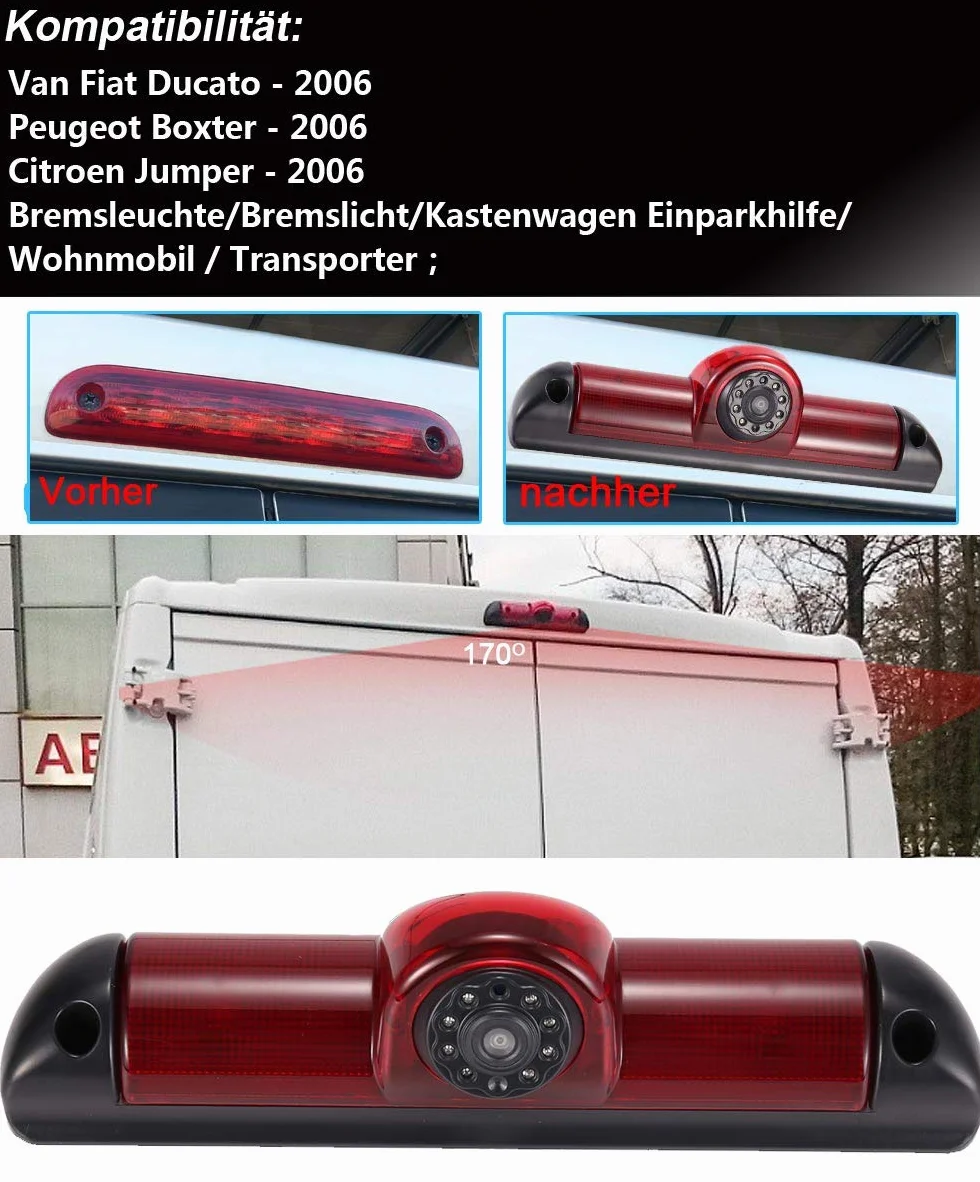 Transporter Van światło hamowania, kamera cofania, światło hamowania, kamera + wyświetlacz LCD 7", zamiennik do FIAT Ducato X250 2006/Peugeot Boxter 2006/Citroen Jumper 2006