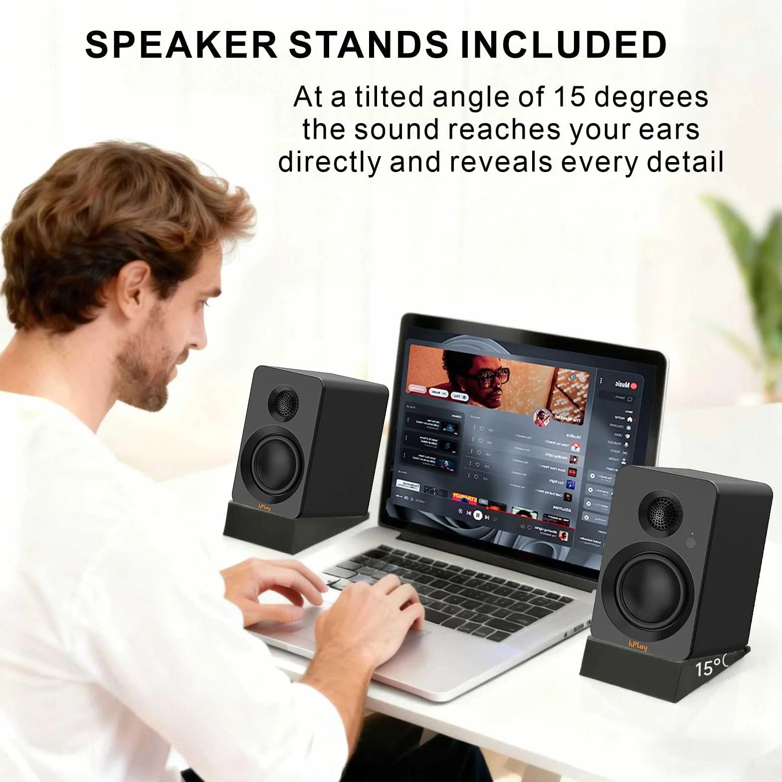 hPlay BS32B głośnik aktywny – 60 W głośnik PC z Bluetooth 5.3, karta dźwiękowa USB-C, wyjście subwoofera i pilot zdalnego sterowania, płyta absorbująca, kompaktowe głośniki regałowe (czarny)
